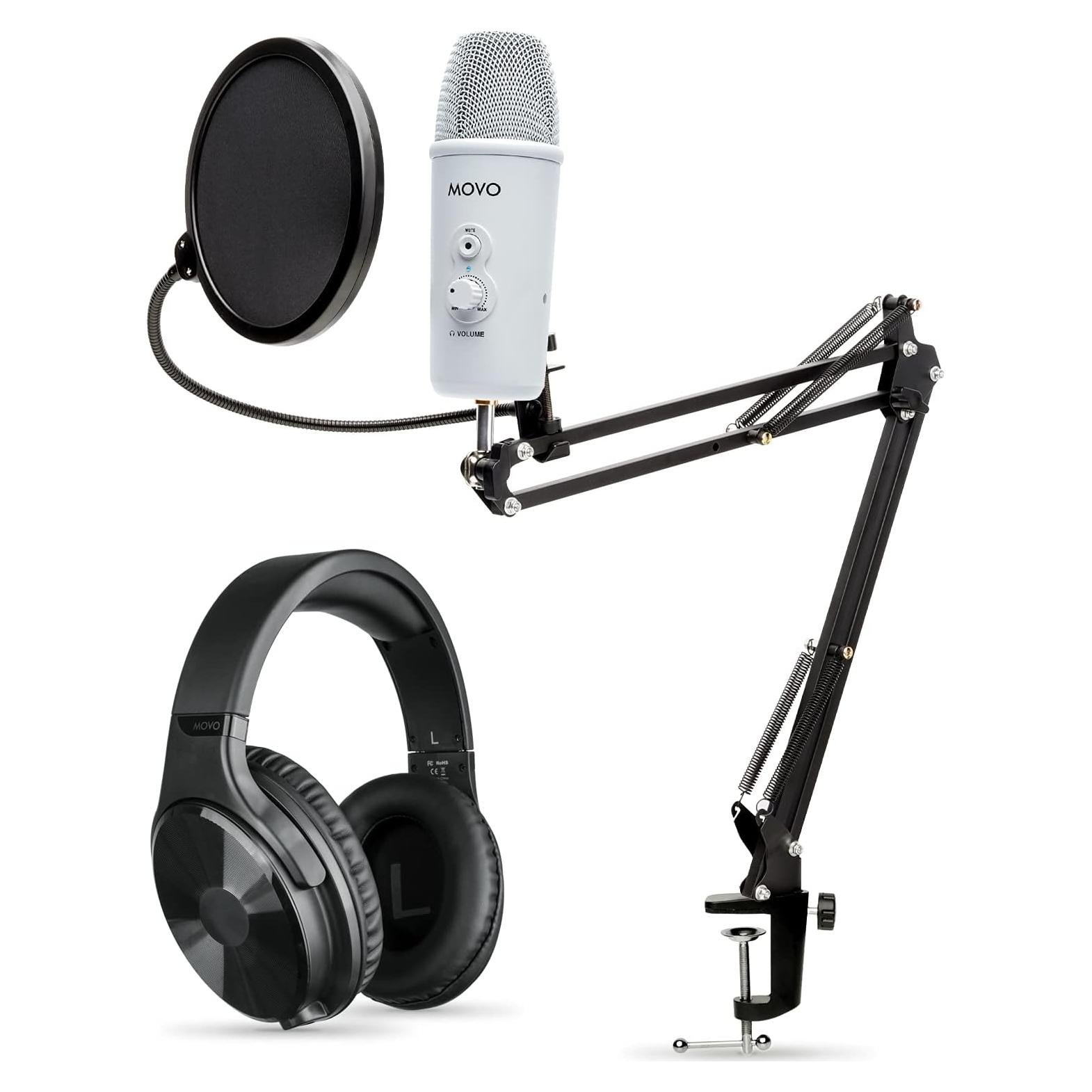 Movo Desktop Microphone Podcast Kit with Studio Headphones, Mount, and Mic Shield - USB-C Android and Computer Microphone for Streaming, Podcasts - Over Ear Headphones Wired for 6.35mm, 3.5mm Input