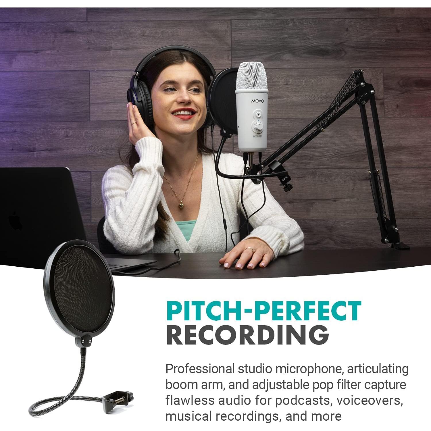 Movo Desktop Microphone Podcast Kit with Studio Headphones, Mount, and Mic Shield - USB-C Android and Computer Microphone for Streaming, Podcasts - Over Ear Headphones Wired for 6.35mm, 3.5mm Input