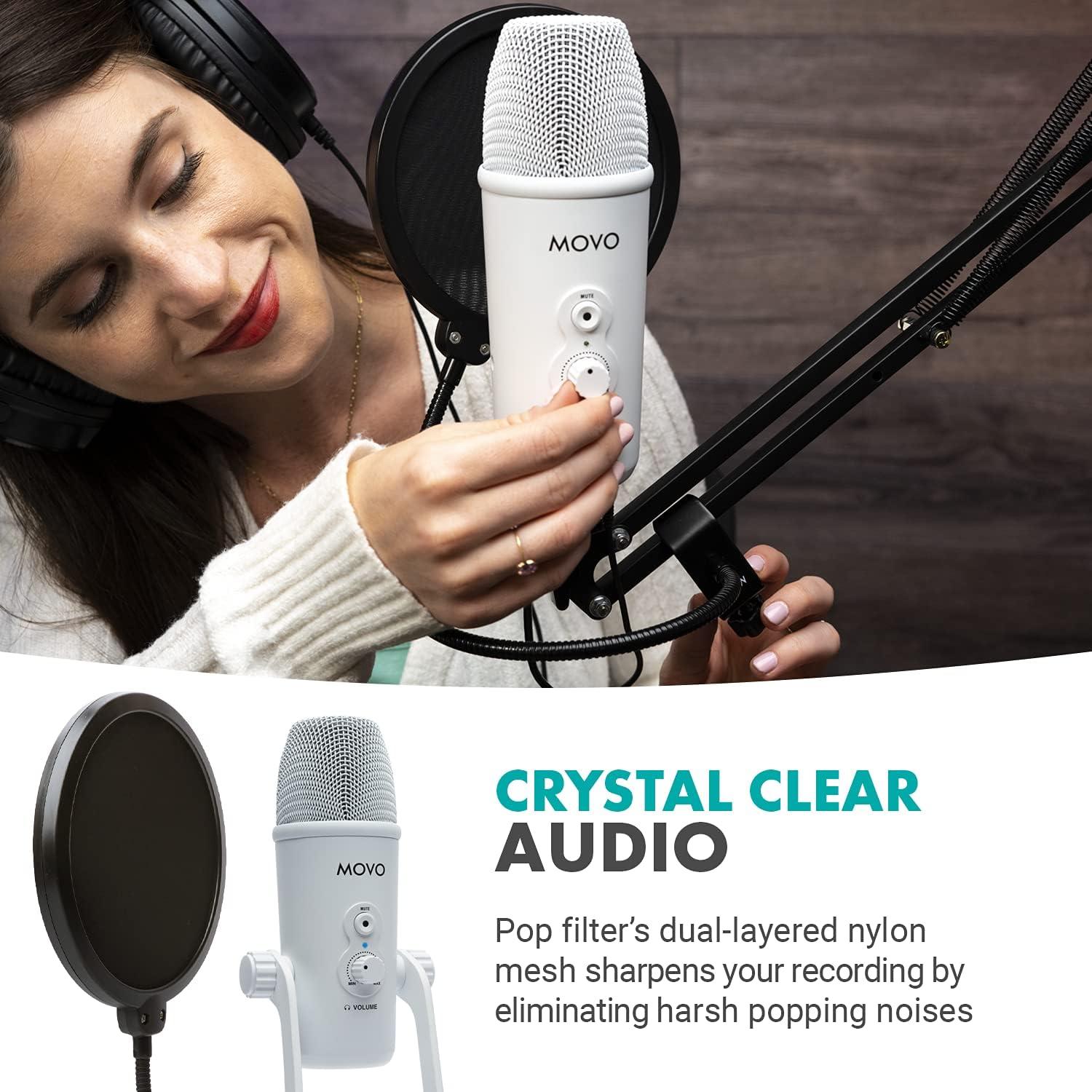 Movo Desktop Microphone Podcast Kit with Studio Headphones, Mount, and Mic Shield - USB-C Android and Computer Microphone for Streaming, Podcasts - Over Ear Headphones Wired for 6.35mm, 3.5mm Input