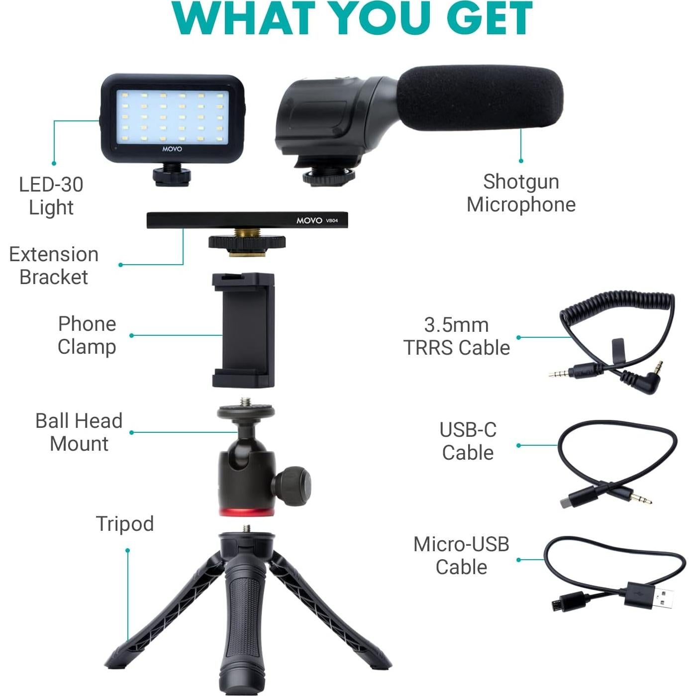 Kit de Vlogging Movo uVlogger con Micrófono y Luz LED