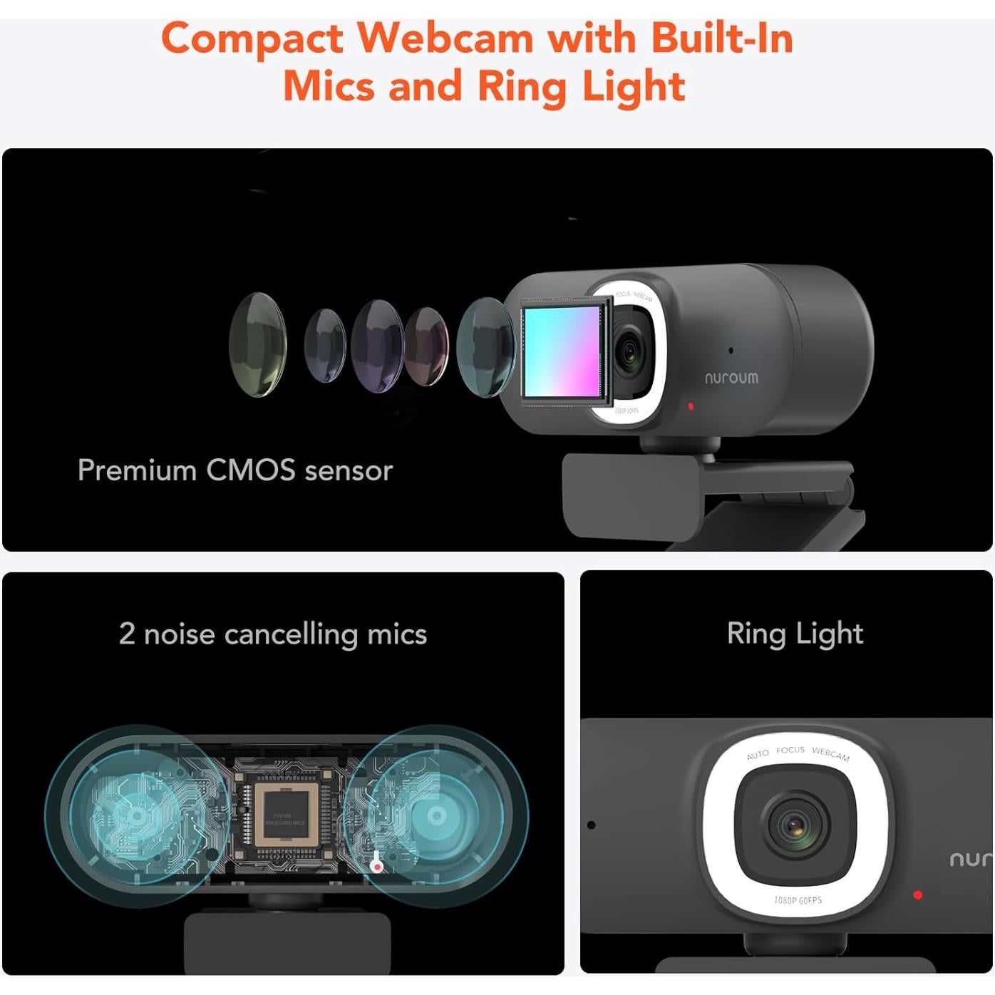 Cámara Web NUROUM V15-AFL 1080P con Luz Anular y Autofoco