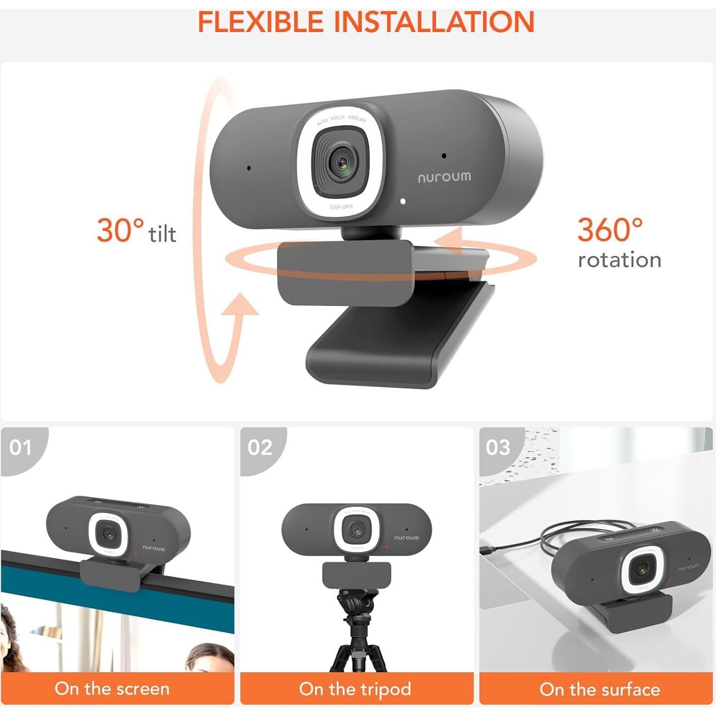 Cámara Web NUROUM V15-AFL 1080P con Luz Anular y Autofoco