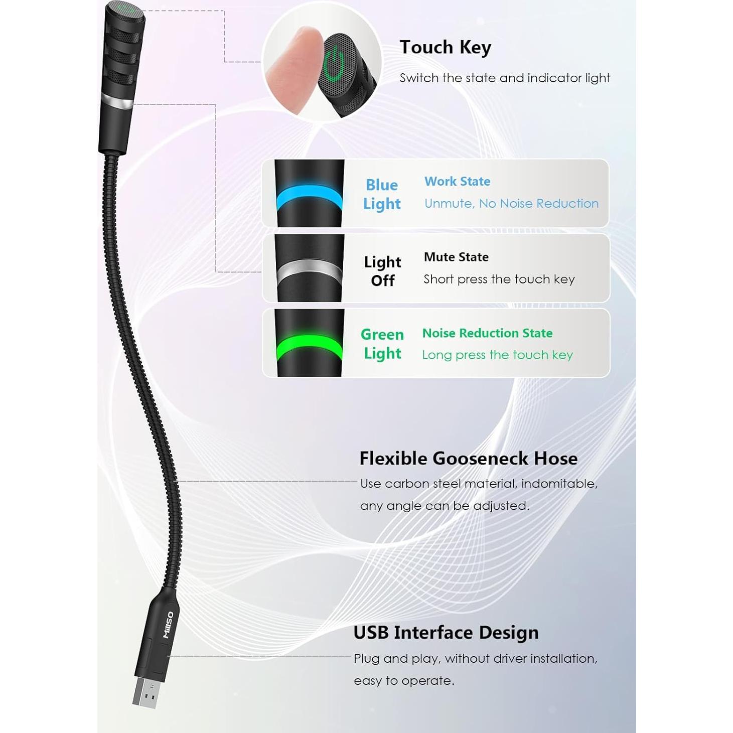 Micrófono USB MillSO Omnidireccional Cuello de Ganso 40g