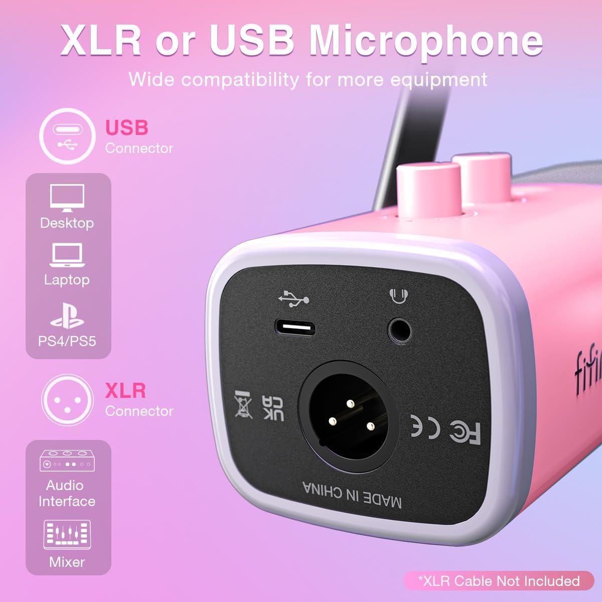 Micrófono FIFINE Gaming XLR USB con Brazo Soporte Rosa