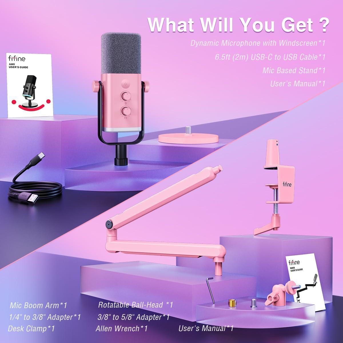 Micrófono FIFINE Gaming XLR USB con Brazo Soporte Rosa