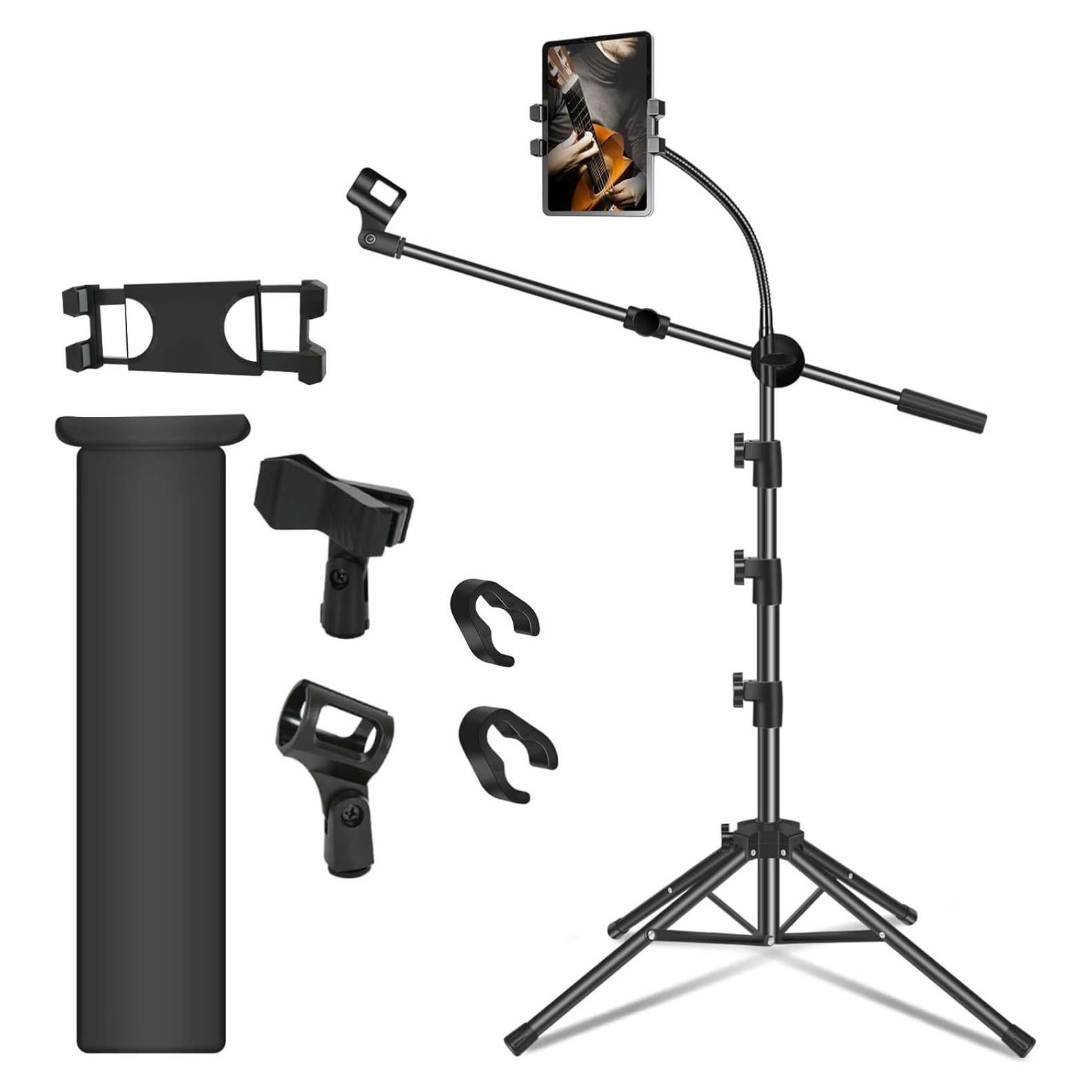 Soporte de Micrófono Ajustable con Brazo Boom y Soporte para Tableta