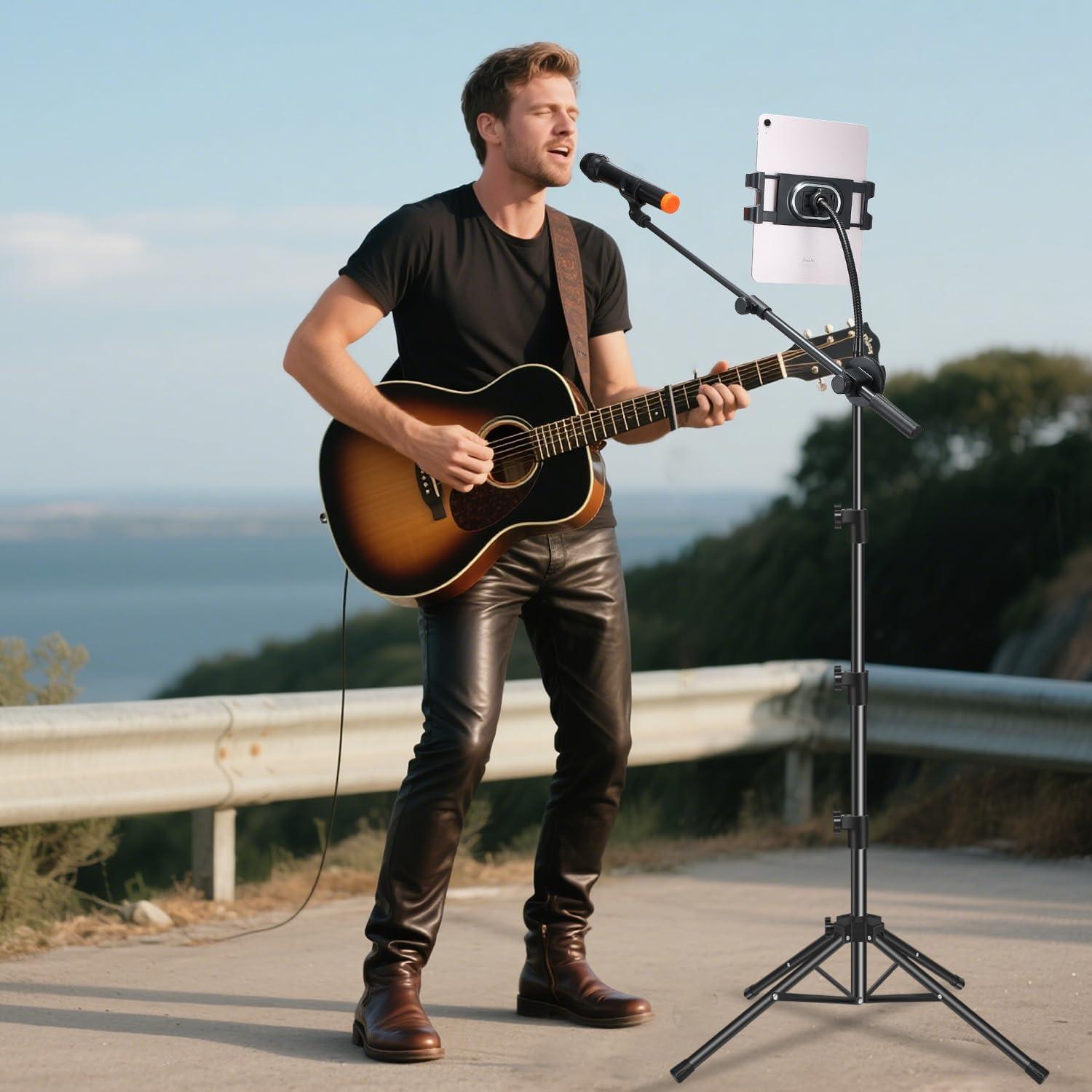 Soporte de Micrófono Ajustable con Brazo Boom y Soporte para Tableta