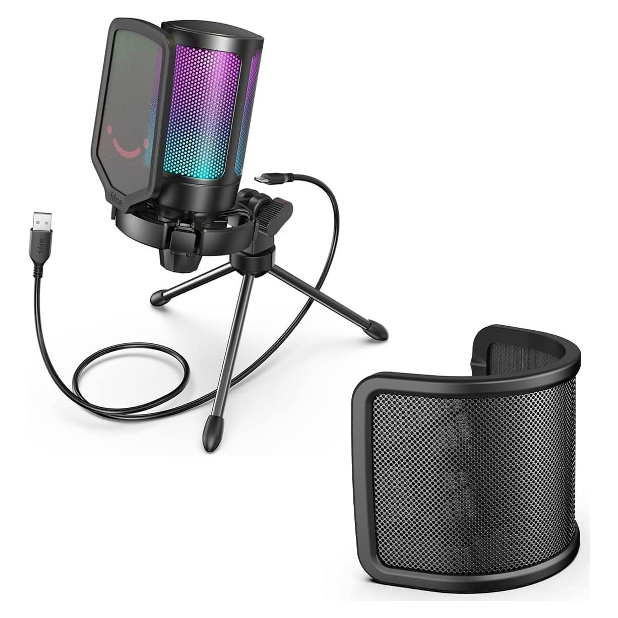 FIFINE Gaming USB Condenser Microphone with Pop Filter Bundle, Quick Mute, RGB Indicator, Tripod Stand, Shock Mount, Gain Control for Streaming YouTube Videos (A6V+U1)