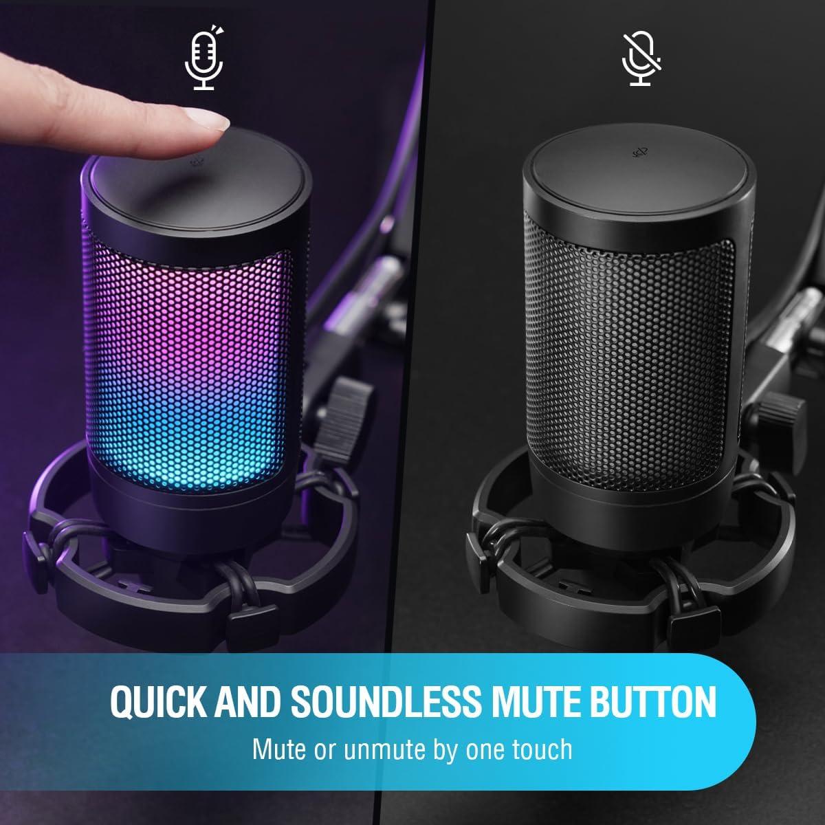 FIFINE Gaming USB Condenser Microphone with Pop Filter Bundle, Quick Mute, RGB Indicator, Tripod Stand, Shock Mount, Gain Control for Streaming YouTube Videos (A6V+U1)