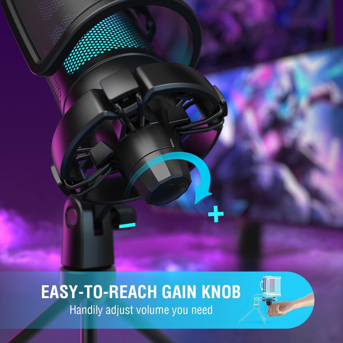 FIFINE Gaming USB Condenser Microphone with Pop Filter Bundle, Quick Mute, RGB Indicator, Tripod Stand, Shock Mount, Gain Control for Streaming YouTube Videos (A6V+U1)