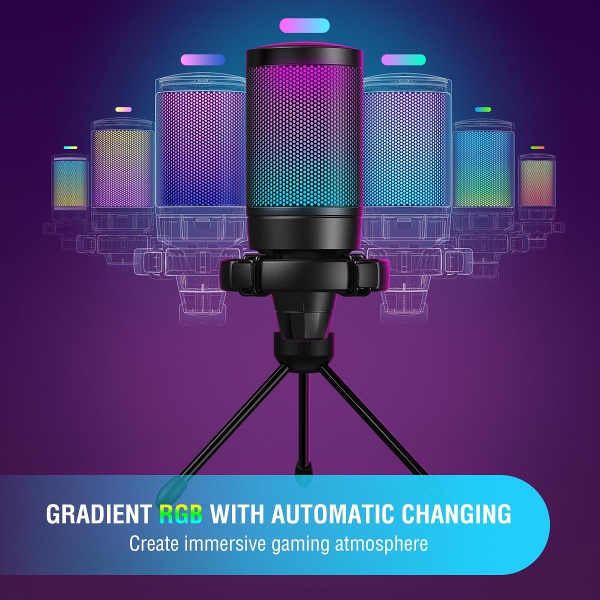 FIFINE Gaming USB Condenser Microphone with Pop Filter Bundle, Quick Mute, RGB Indicator, Tripod Stand, Shock Mount, Gain Control for Streaming YouTube Videos (A6V+U1)