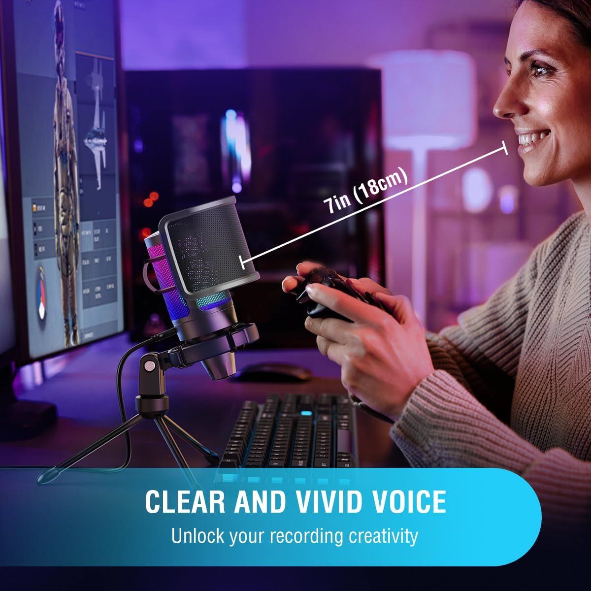 FIFINE Gaming USB Condenser Microphone with Pop Filter Bundle, Quick Mute, RGB Indicator, Tripod Stand, Shock Mount, Gain Control for Streaming YouTube Videos (A6V+U1)