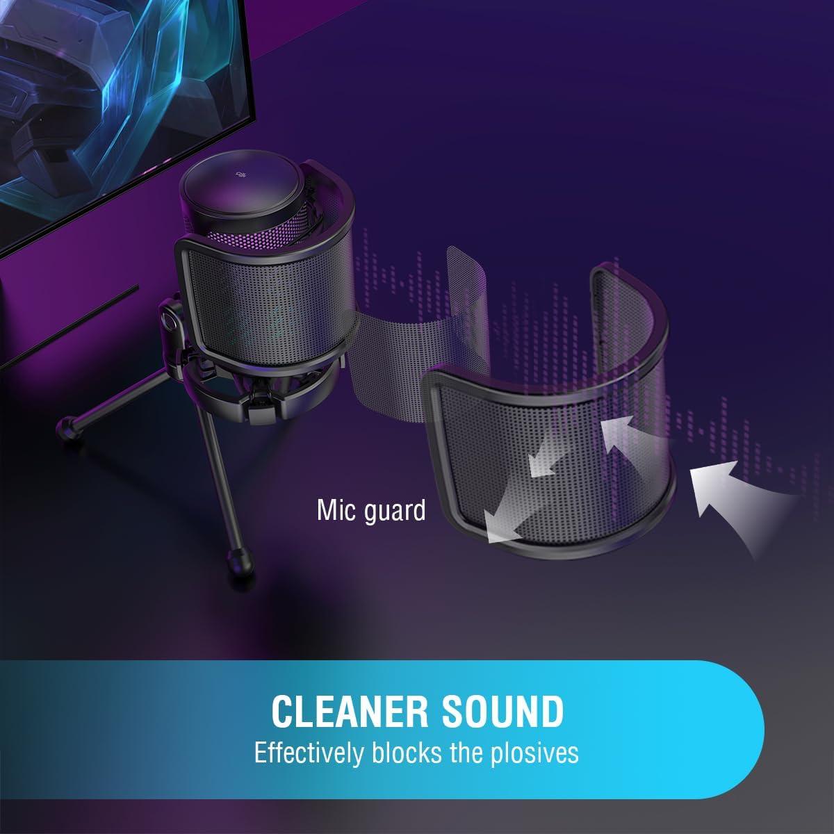 FIFINE Gaming USB Condenser Microphone with Pop Filter Bundle, Quick Mute, RGB Indicator, Tripod Stand, Shock Mount, Gain Control for Streaming YouTube Videos (A6V+U1)