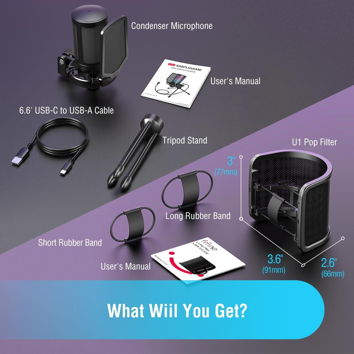 FIFINE Gaming USB Condenser Microphone with Pop Filter Bundle, Quick Mute, RGB Indicator, Tripod Stand, Shock Mount, Gain Control for Streaming YouTube Videos (A6V+U1)