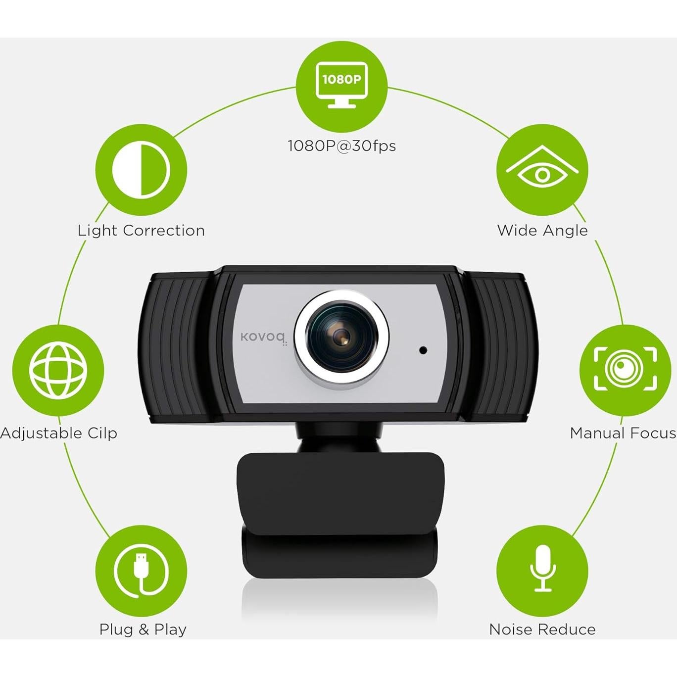 Cámara Web HD 1080p KOVOQ con Micrófono y Corrección Automática