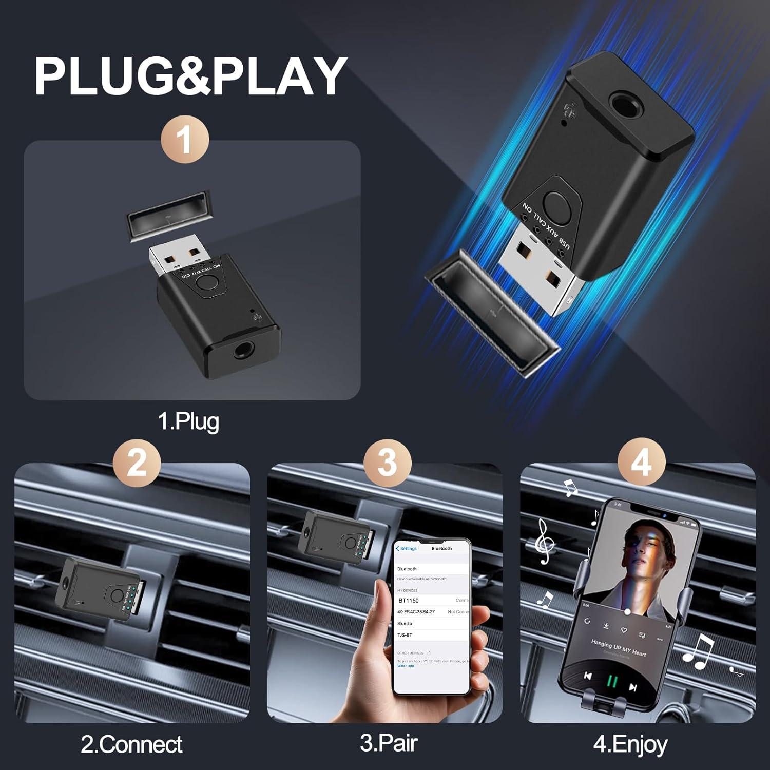 Receptor Bluetooth 5.4 Bysimilai USB a 3.5mm para Coche