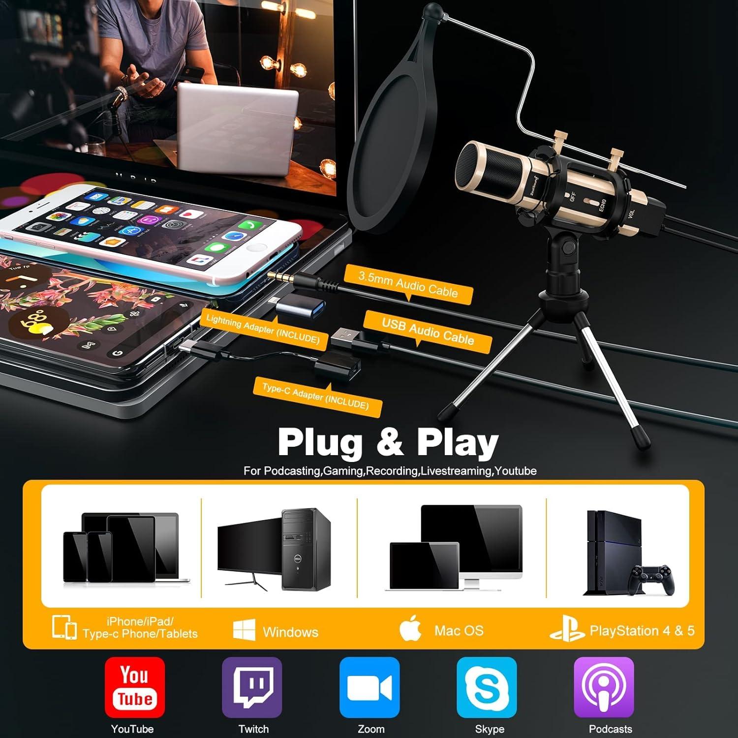 Micrófono USB ZealSound K08G Oro con Soporte Brazo Flexible