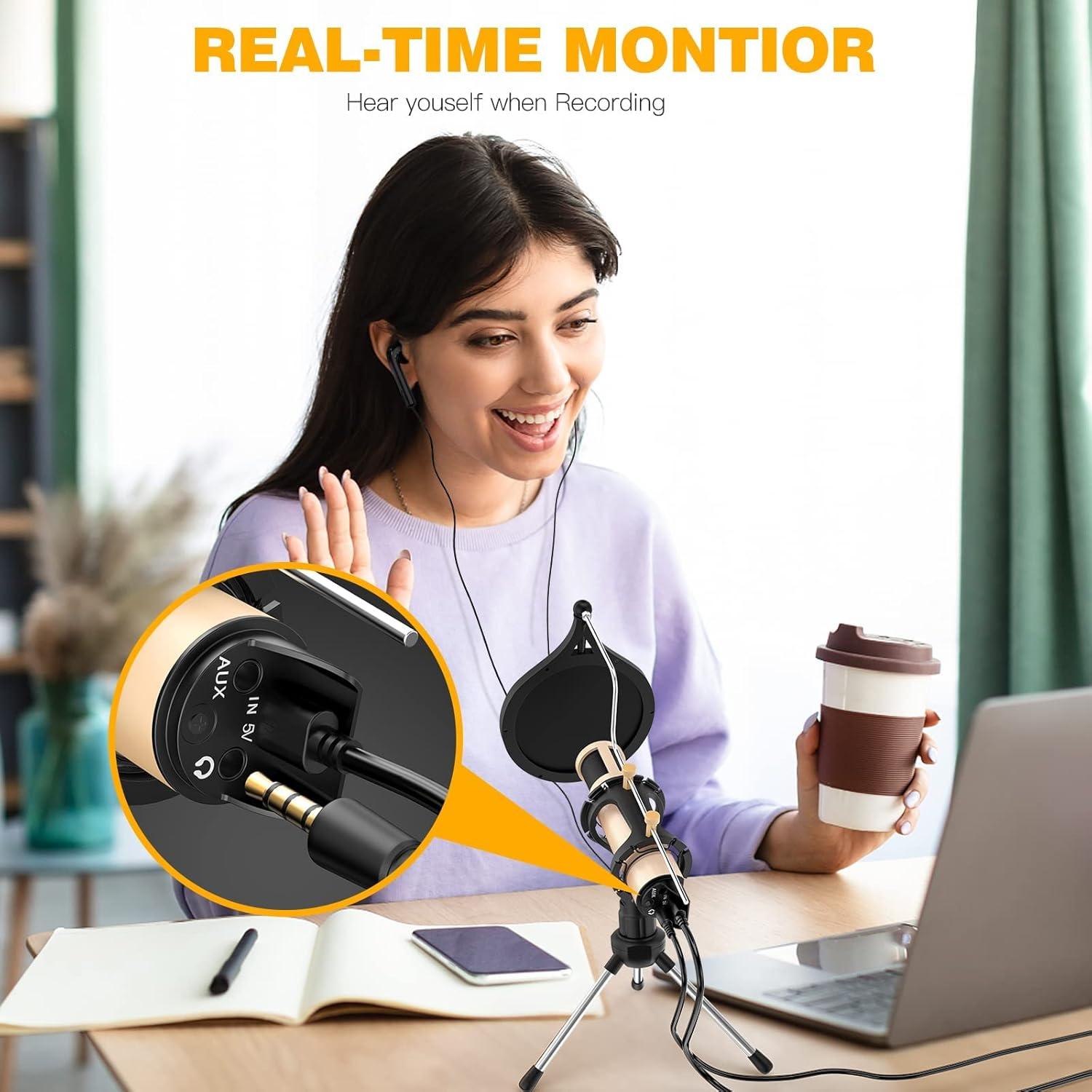 Micrófono USB ZealSound K08G Oro con Soporte Brazo Flexible