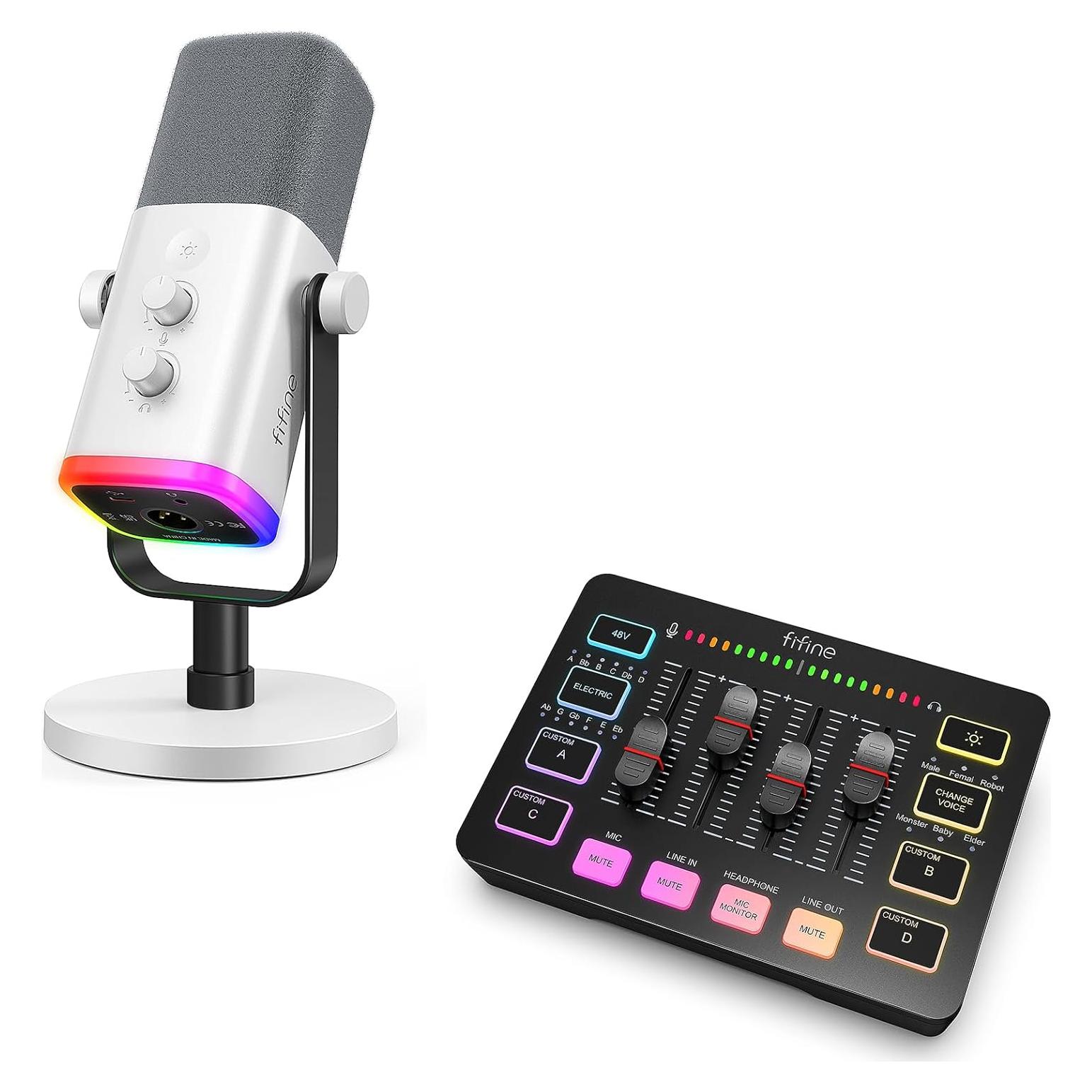 Micrófono Dinámico XLR/USB FIFINE AM8W con Mezclador RGB