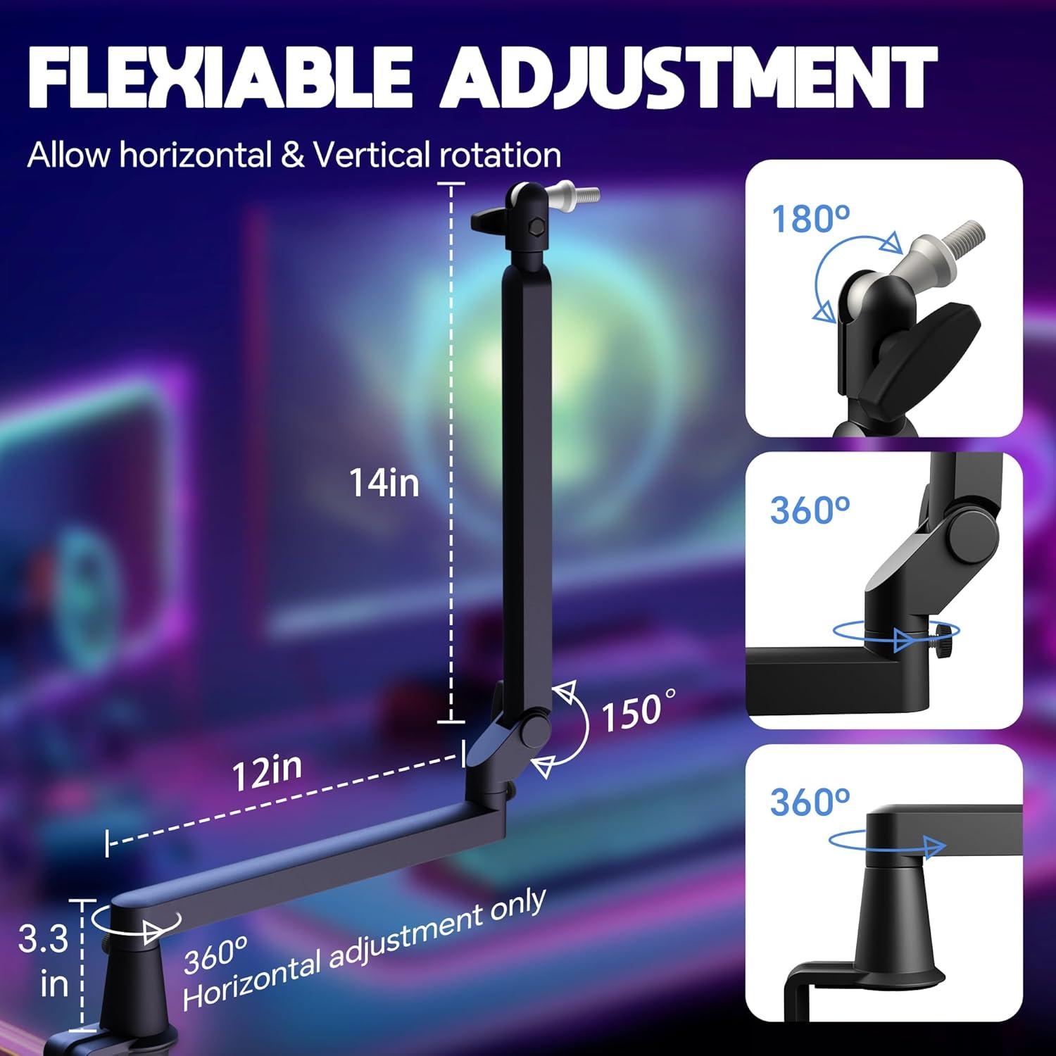 Brazo de Micrófono Ajustable AS17 Negro con Elevador 15cm