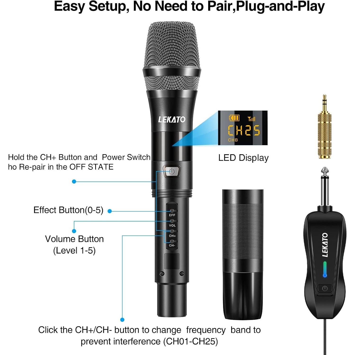 Micrófono Inalámbrico LEKATO WSM-620 Recargable con Receptor