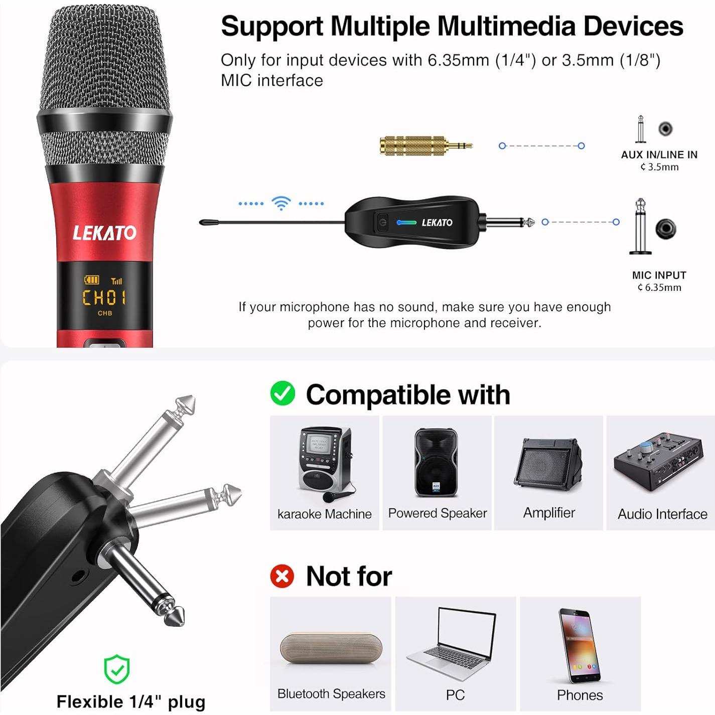 Micrófono Inalámbrico LEKATO WSM-620 Recargable con Receptor