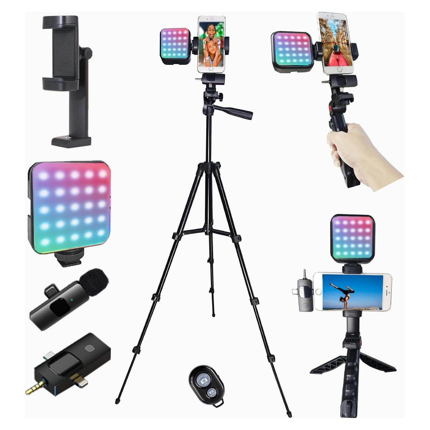 Vlogging Kit for iPhone, Vlogging Kit for Andriod Phone, Vlogging Camera Kit with RotatableHolder/Lavalier Microphone/RGB Light/Remote/Extendable Tripod (60IN Tripod)