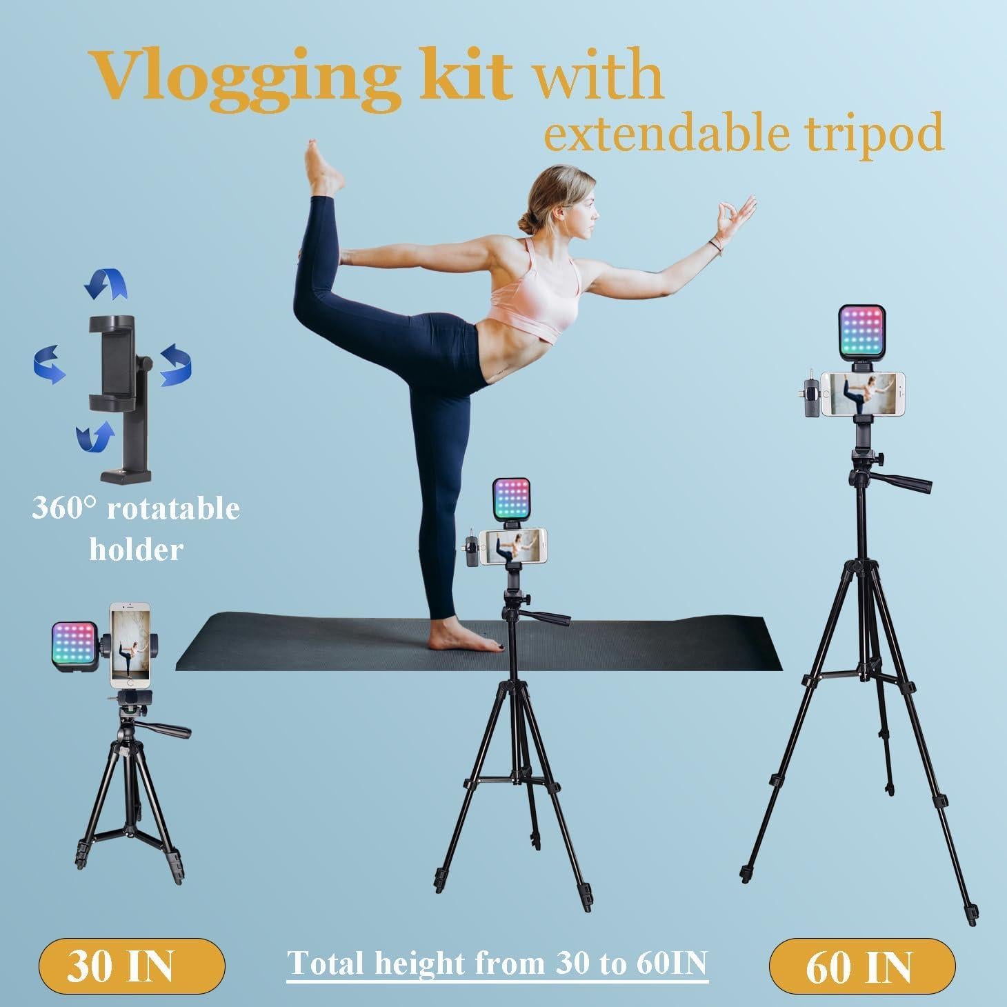 Vlogging Kit for iPhone, Vlogging Kit for Andriod Phone, Vlogging Camera Kit with RotatableHolder/Lavalier Microphone/RGB Light/Remote/Extendable Tripod (60IN Tripod)