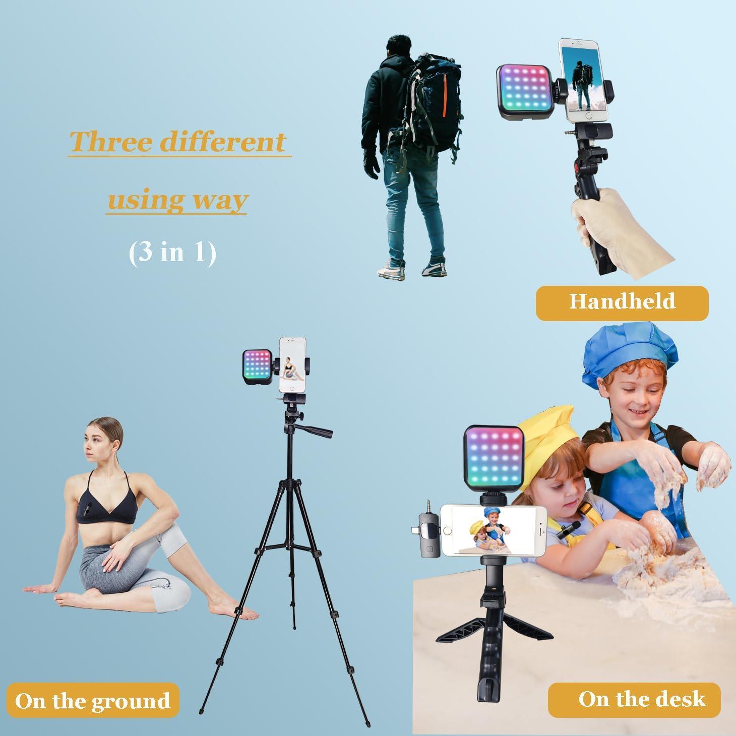 Vlogging Kit for iPhone, Vlogging Kit for Andriod Phone, Vlogging Camera Kit with RotatableHolder/Lavalier Microphone/RGB Light/Remote/Extendable Tripod (60IN Tripod)