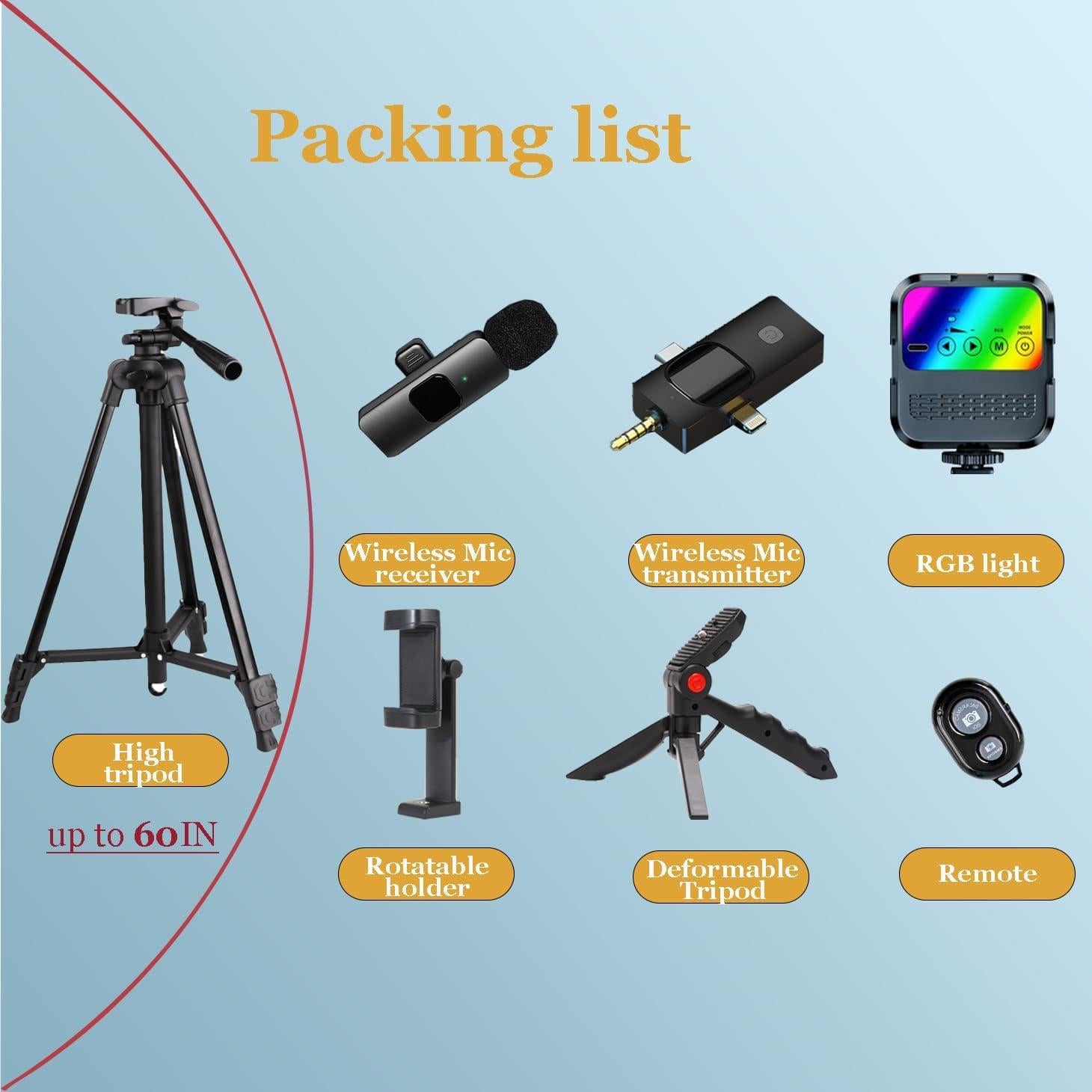 Vlogging Kit for iPhone, Vlogging Kit for Andriod Phone, Vlogging Camera Kit with RotatableHolder/Lavalier Microphone/RGB Light/Remote/Extendable Tripod (60IN Tripod)