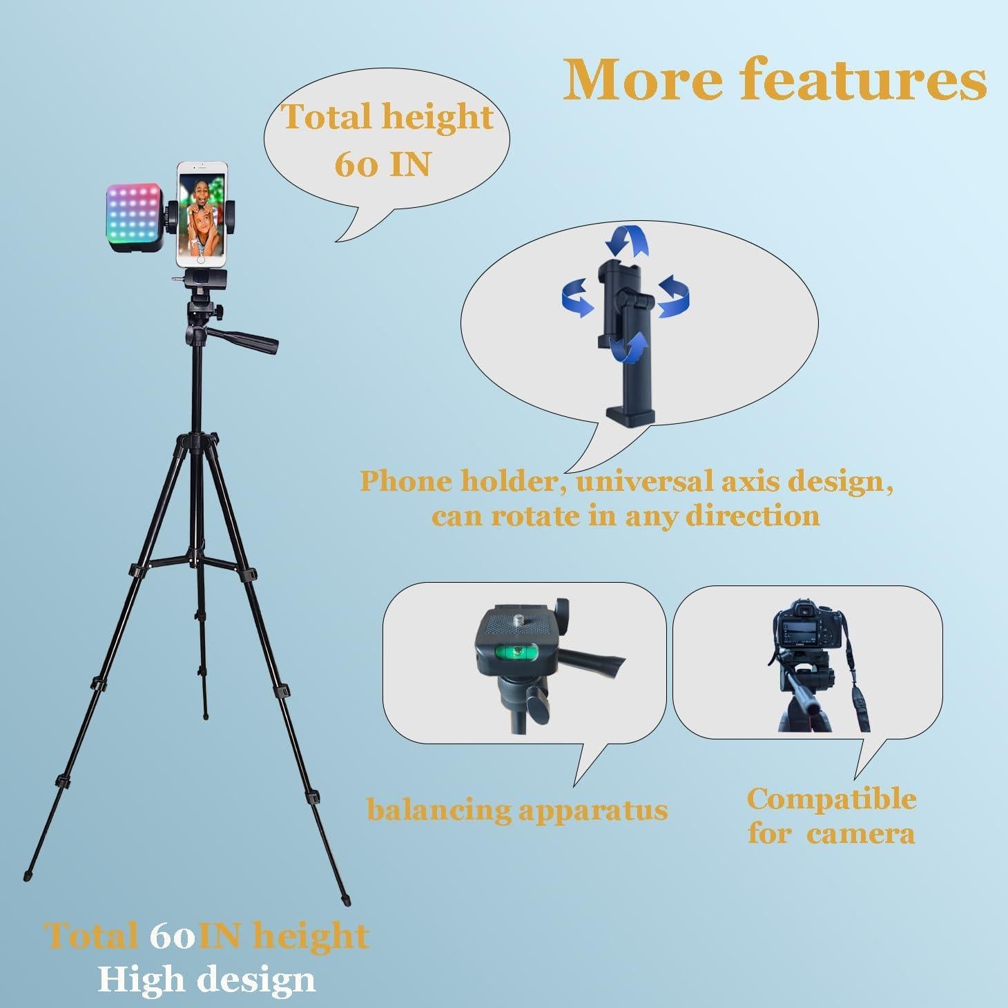 Vlogging Kit for iPhone, Vlogging Kit for Andriod Phone, Vlogging Camera Kit with RotatableHolder/Lavalier Microphone/RGB Light/Remote/Extendable Tripod (60IN Tripod)