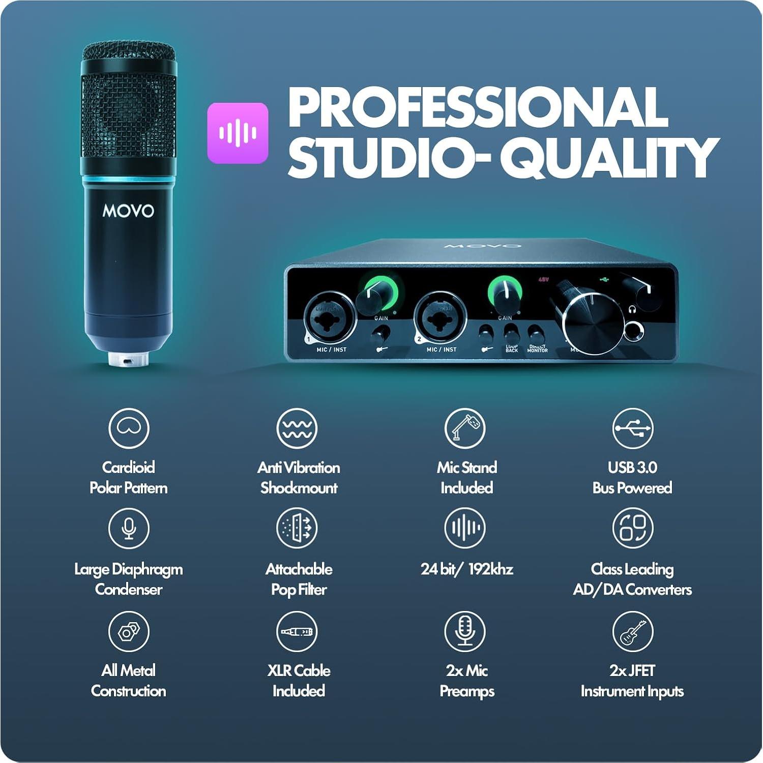 Kit de Micrófono Condensador Movo MDX-1 con Soporte y Accesorios