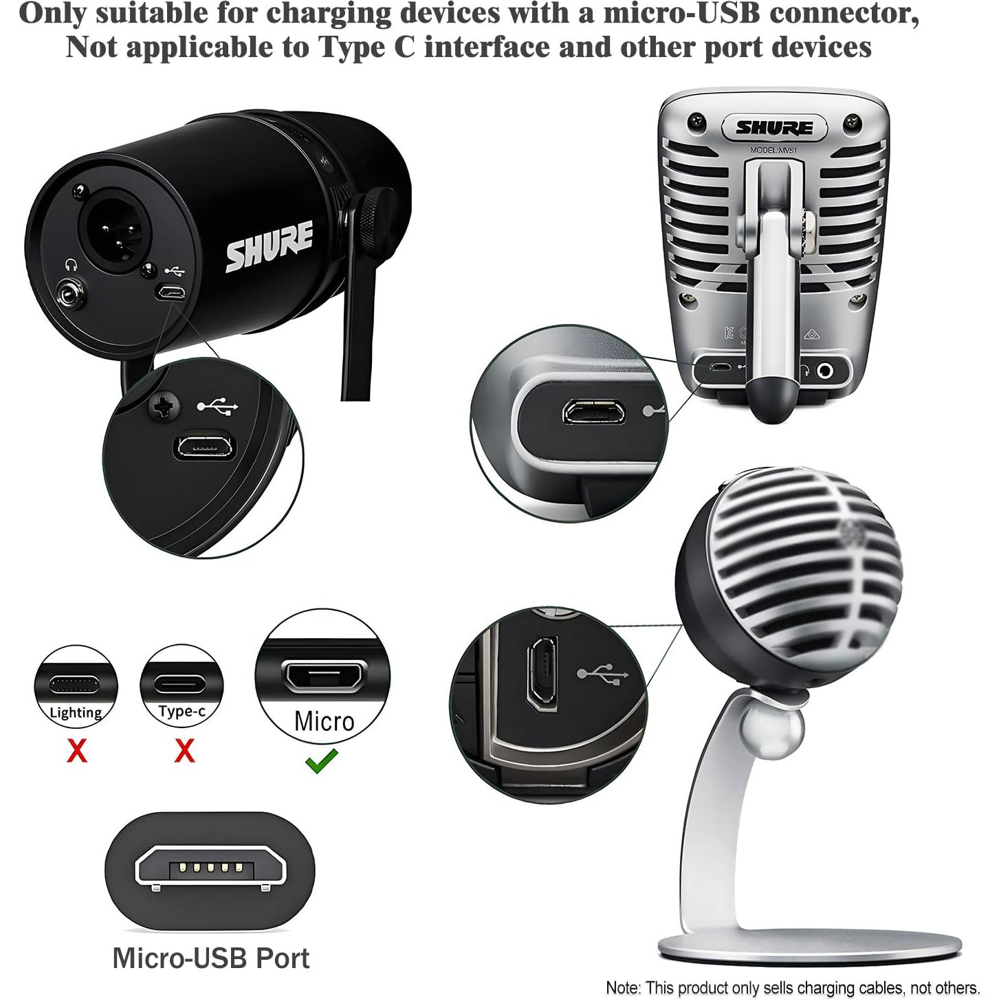 Cable de carga Micro USB TCKN 2m para Shure MV7/MV88+/MV5