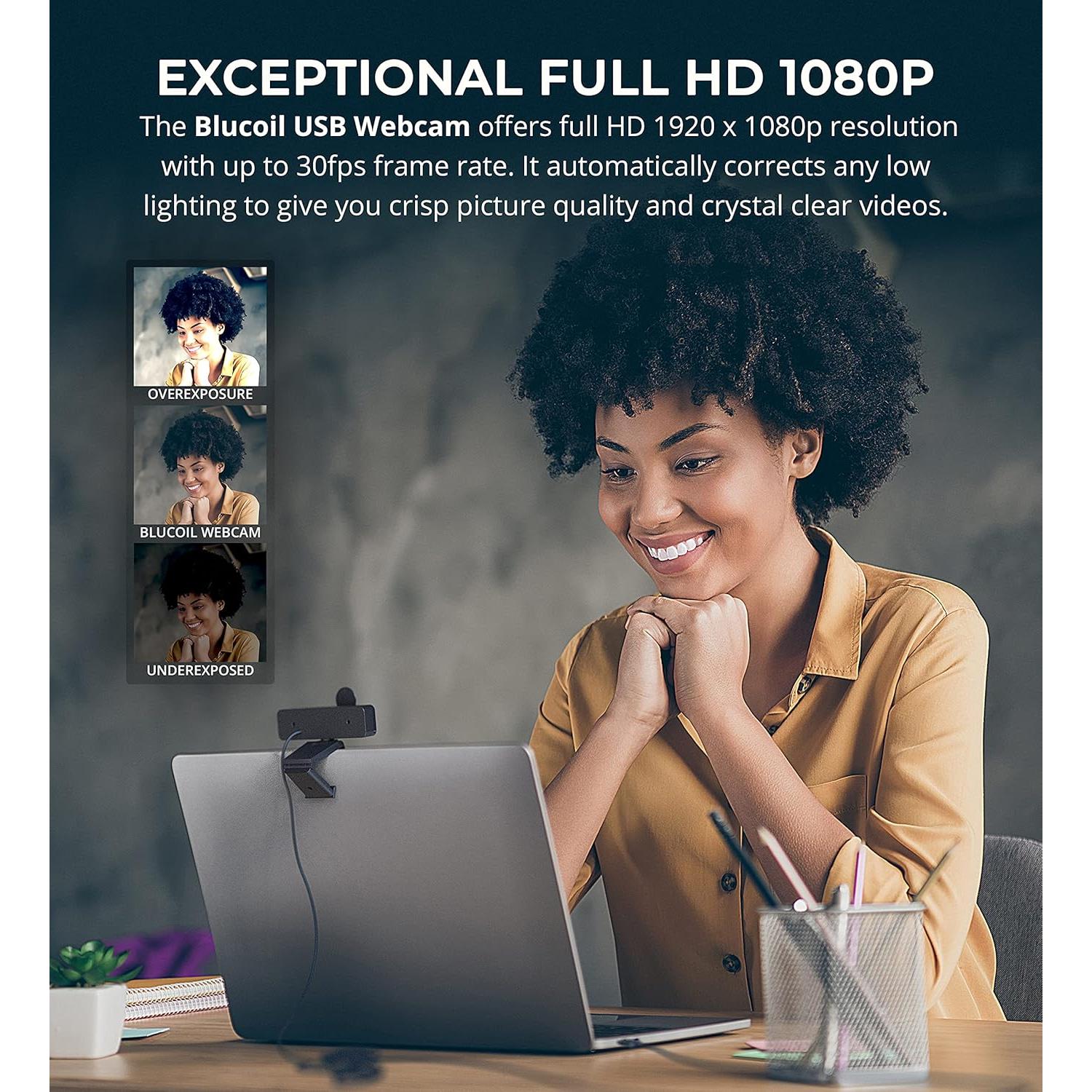 Cámara Web USB Blucoil Full HD 1080p con Micrófono y Trípode