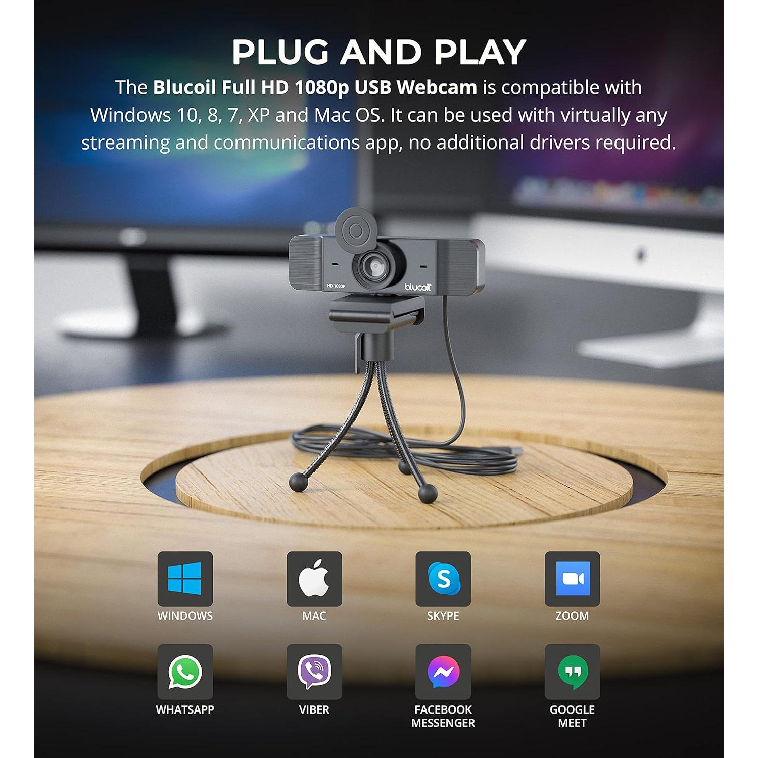 Cámara Web USB Blucoil Full HD 1080p con Micrófono y Trípode