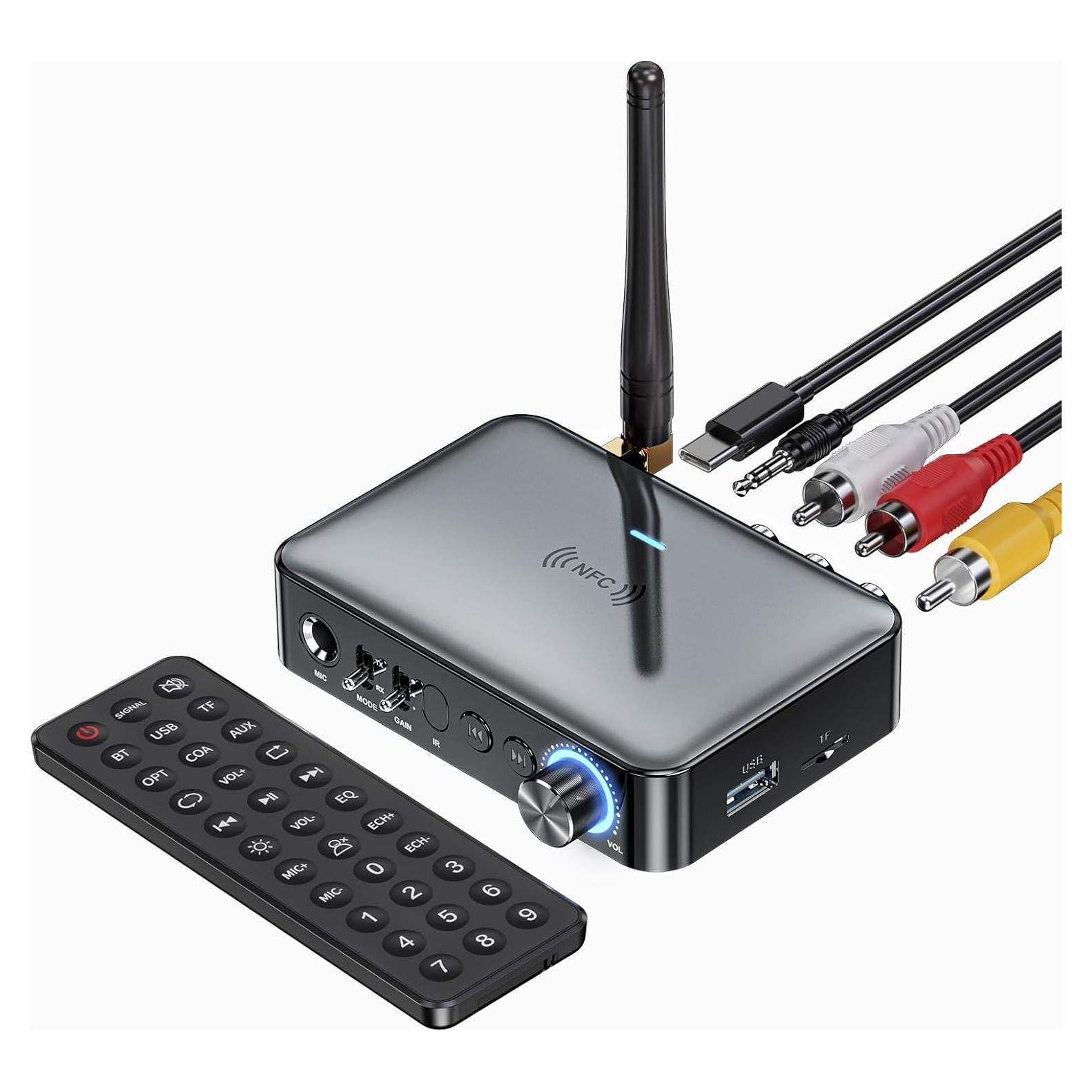 5.1 Bluetooth Audio Receiver Transmitter for Stereo/Speaker/Wired Speaker/Home Music Streaming Stereo Audio Adapter, Supports 3.5mm AUX, RCA, Coaxial, 6.5mm Microphone, USB, TF Card Playback