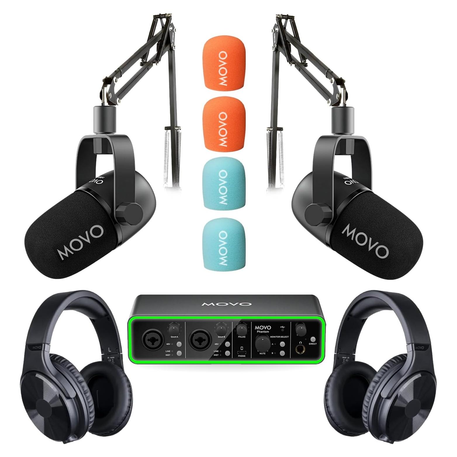 Paquete de Podcasting Movo - Interfaz USB Phantom, 2 Micrófonos XLR, Soportes y Auriculares