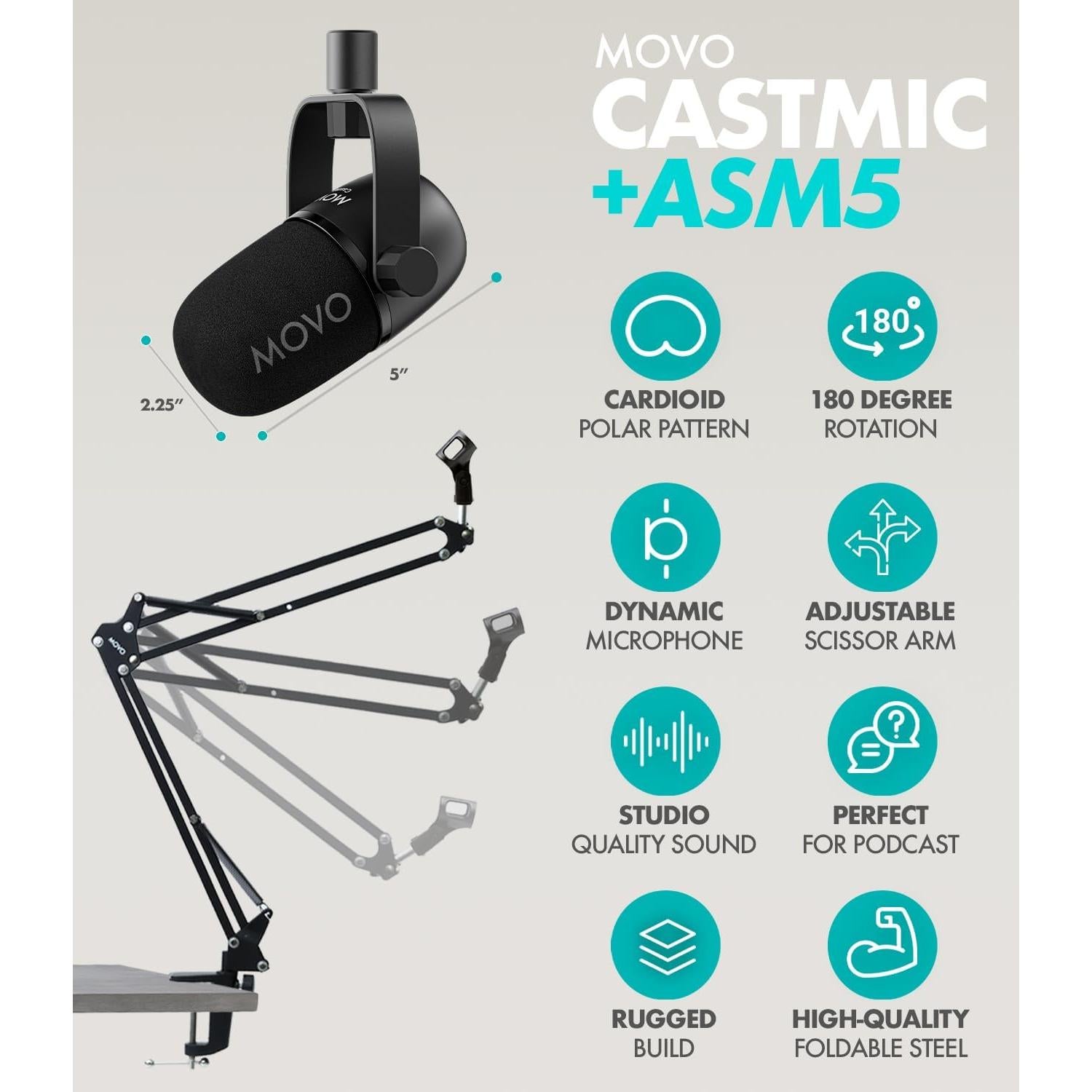 Paquete de Podcasting Movo - Interfaz USB Phantom, 2 Micrófonos XLR, Soportes y Auriculares