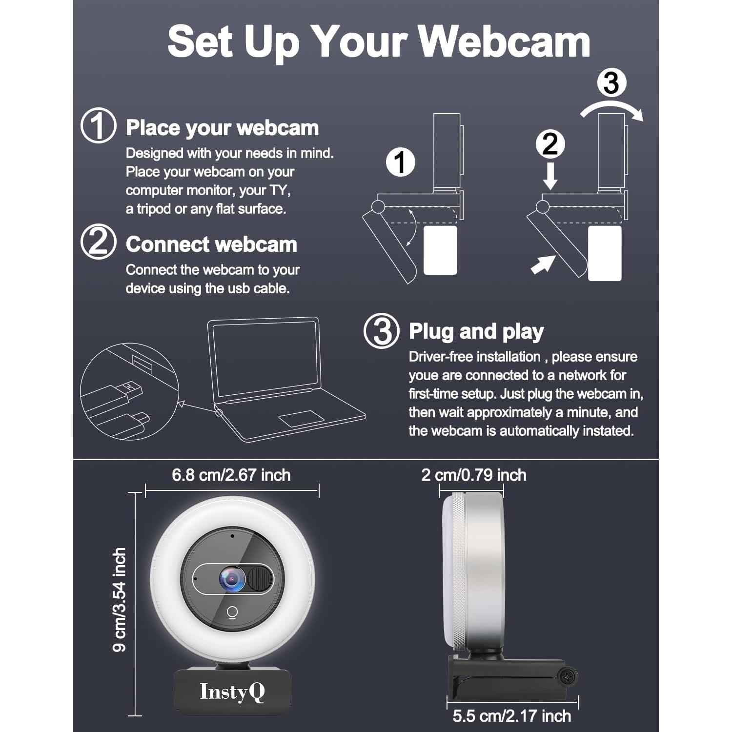 Cámara Web 4K InstyQ con Luz y Control Remoto, 90°