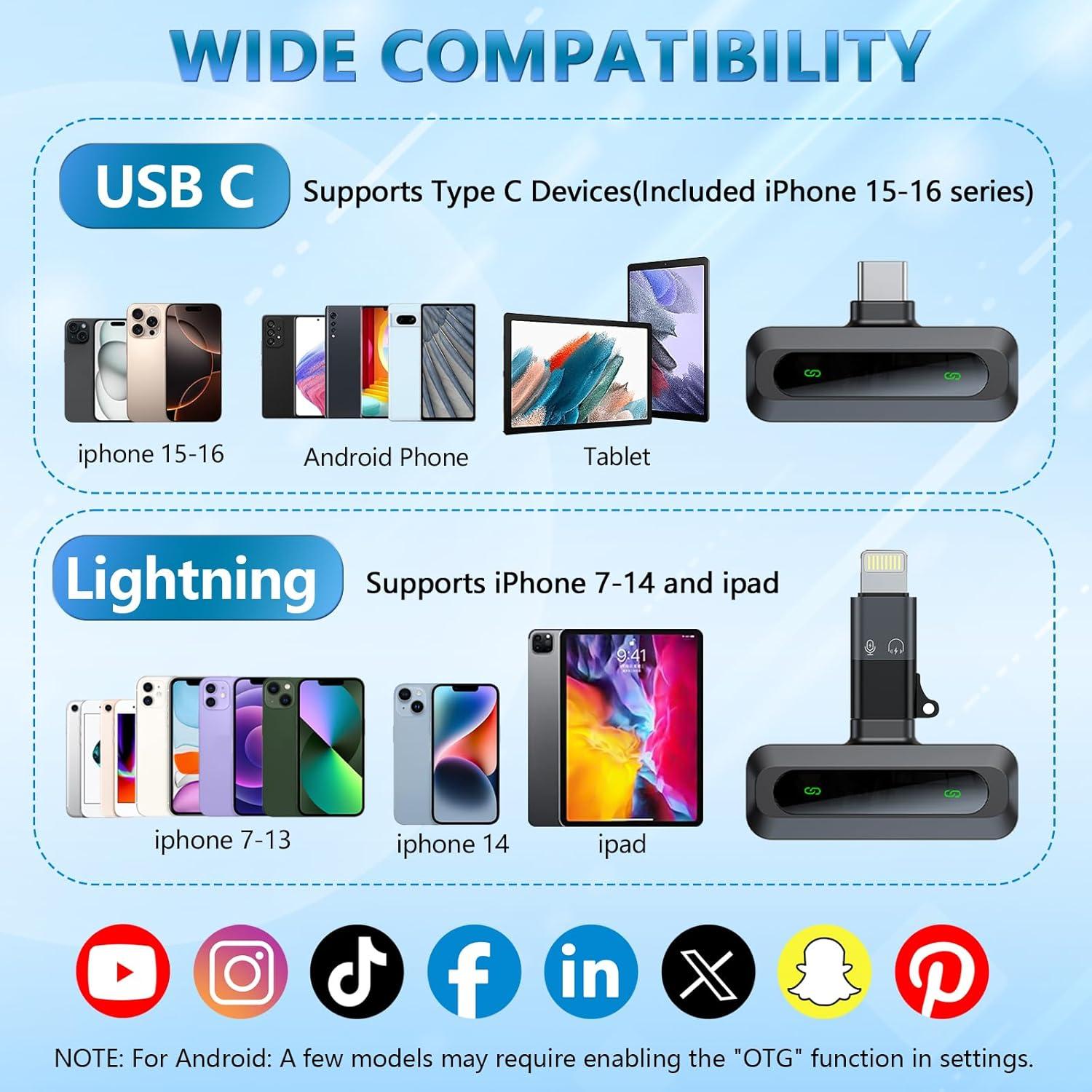 Micrófono Lavalier Inalámbrico USB-C para iPhone 15/16 y Android