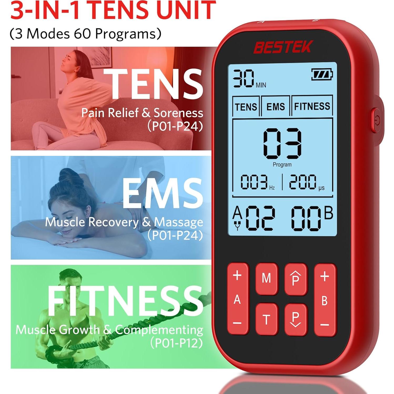 BESTEK Estimulador Muscular TENS con 20 Almohadillas Electrodos