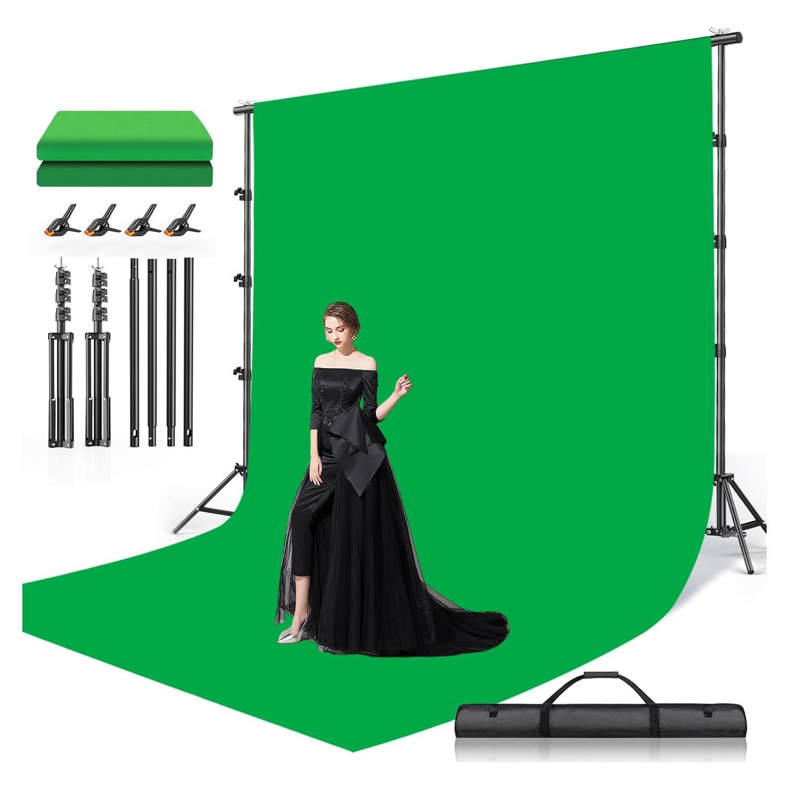 BEIYANG 8.5X10 FT Photo Background Stand &10X12 FT Green Backdrop Screen, Adjustable Background Holder Support System Kit for Photo Studio Shooting Props Parties Decoration with Carry Bag & Clamps