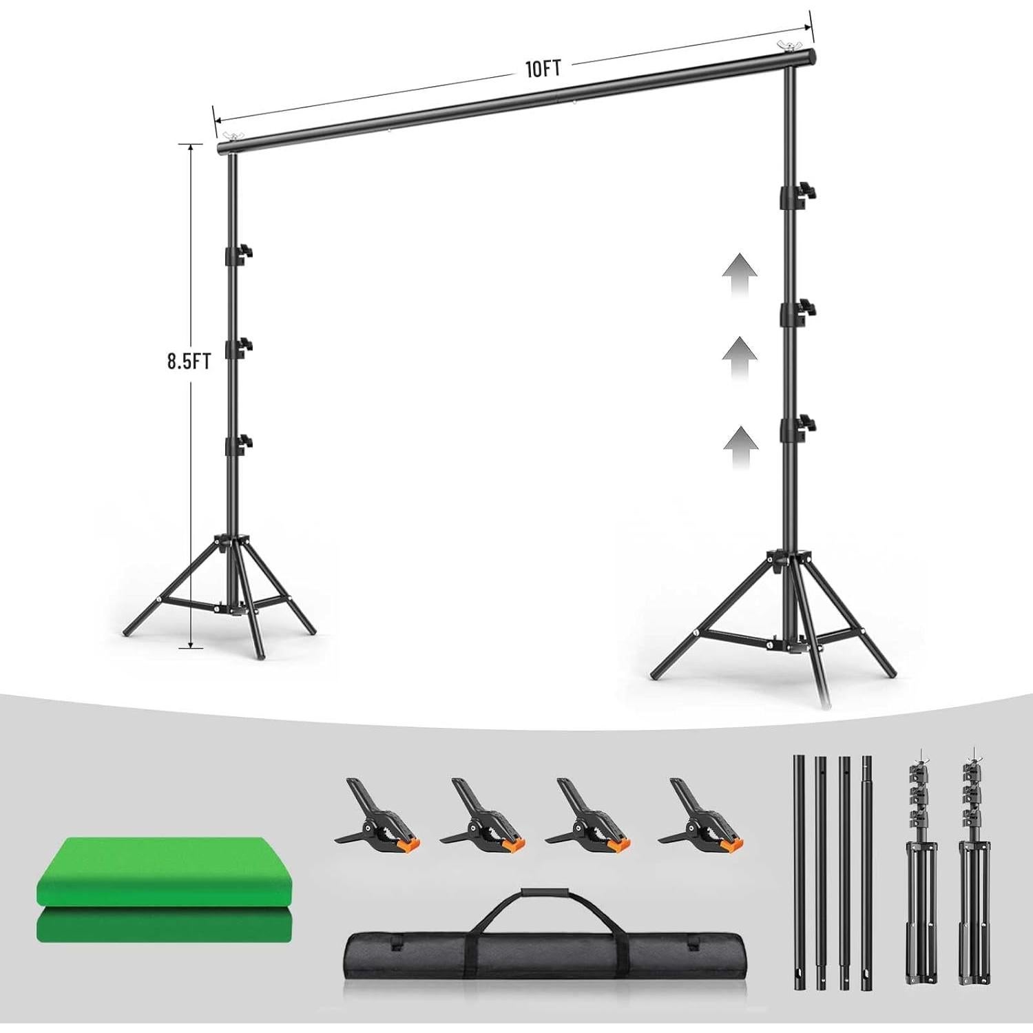 BEIYANG 8.5X10 FT Photo Background Stand &10X12 FT Green Backdrop Screen, Adjustable Background Holder Support System Kit for Photo Studio Shooting Props Parties Decoration with Carry Bag & Clamps
