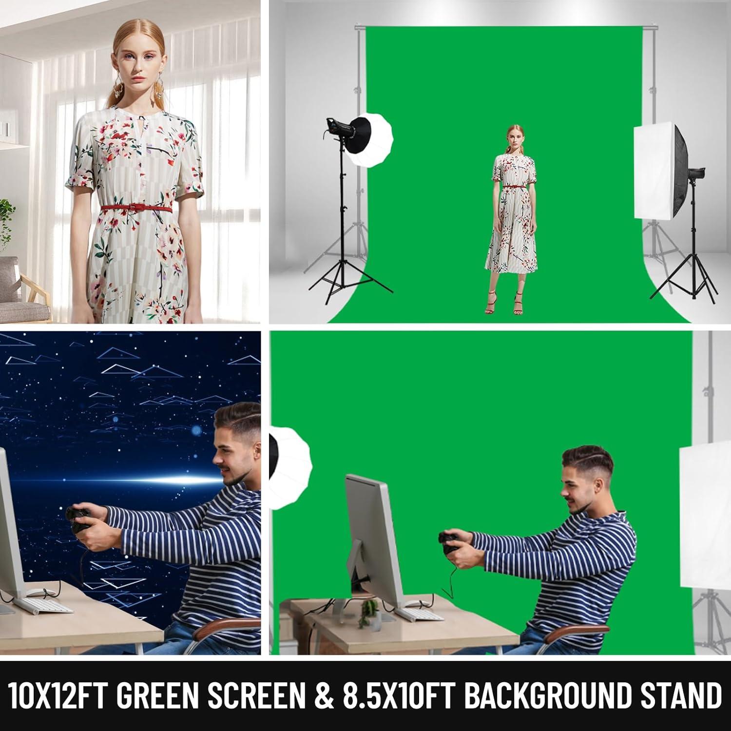 BEIYANG 8.5X10 FT Photo Background Stand &10X12 FT Green Backdrop Screen, Adjustable Background Holder Support System Kit for Photo Studio Shooting Props Parties Decoration with Carry Bag & Clamps