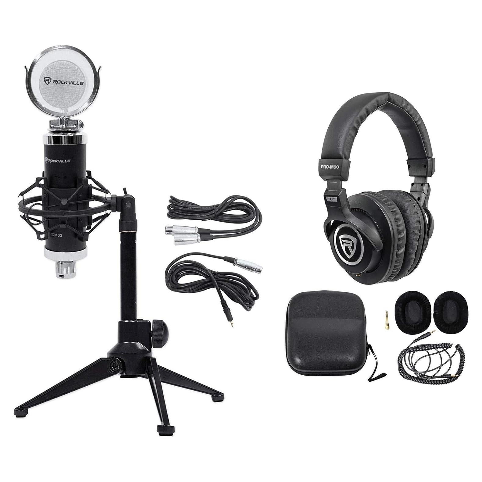 Paquete Micrófono Rockville RCM03 + Soporte + Auriculares PRO-M50