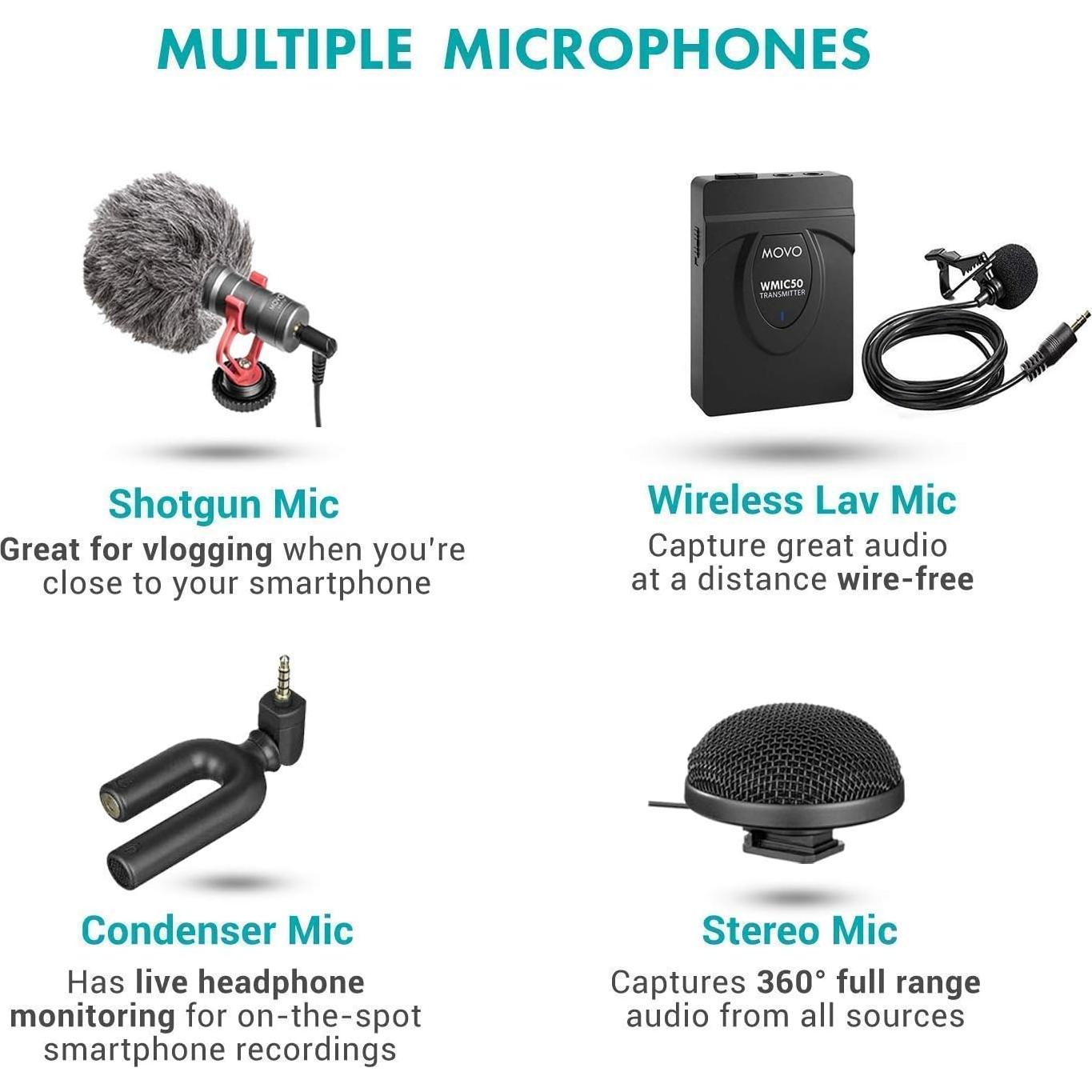 Kit de Vlogging Movo Huge para iPhone con Micrófonos y Trípode