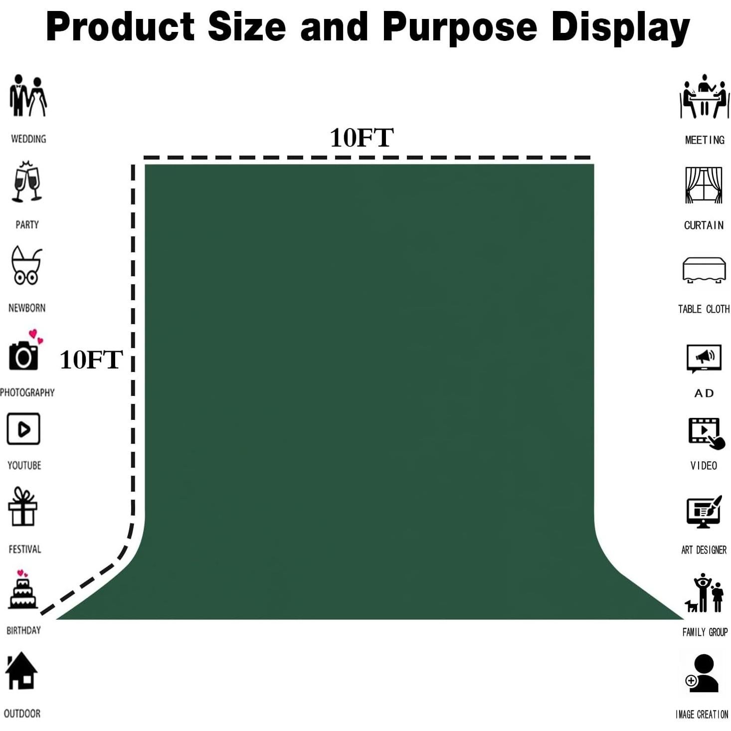 10x10FT Dark Green Screen Backdrop Photography Green Background for Streaming Zoom, Photo Studio, Collapsible High Density Screen for Video Photography and Television