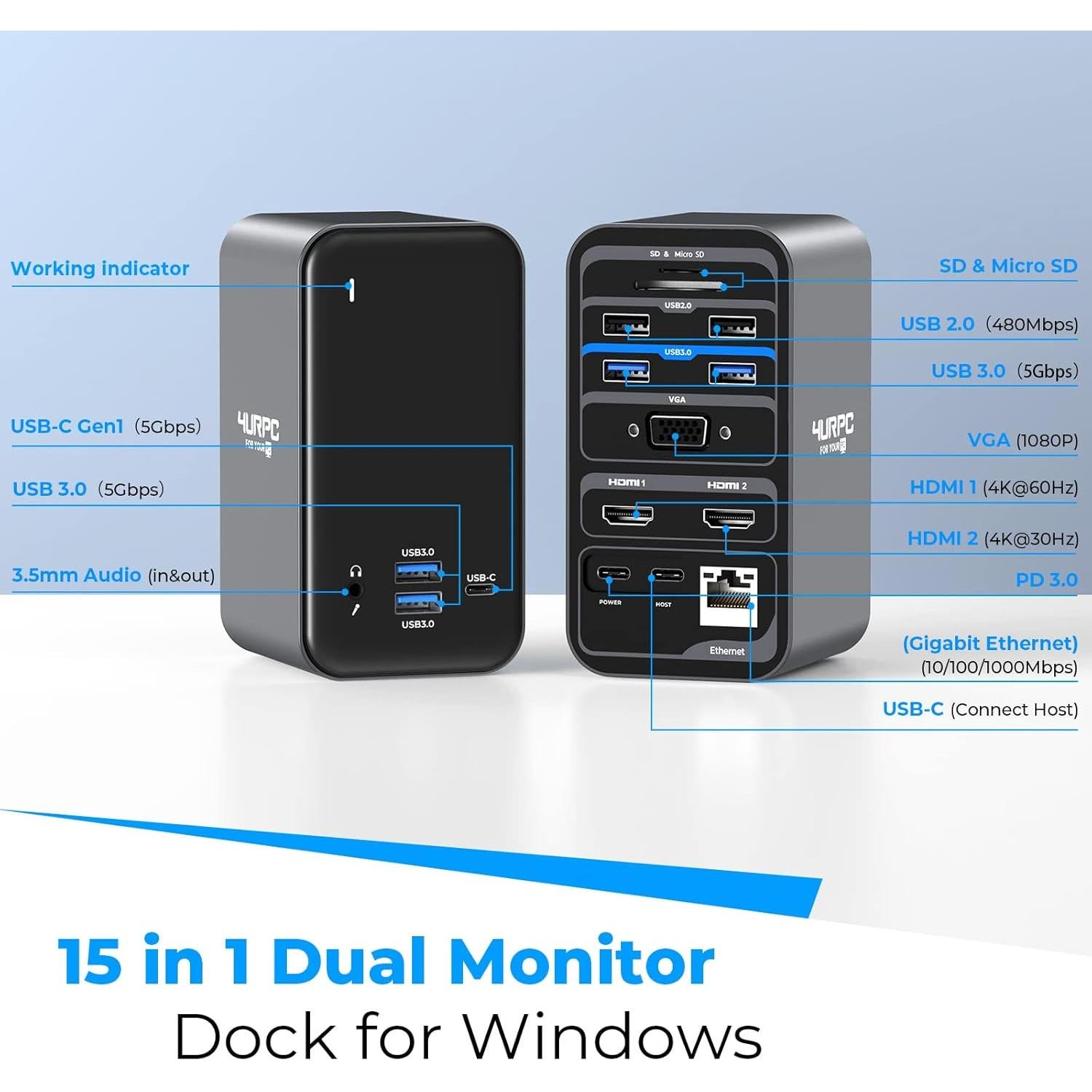 Estación de Acoplamiento USB C 15 en 1 4URPC Doble Monitor