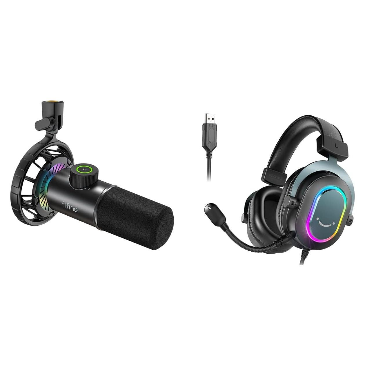FIFINE USB Dynamic Microphone and Gaming Headset, RGB Cardioid Gaming Computer Mic with Headphone Jack, Wired Headphones with 7.1 Surround Sound for Streaming Podcast Twitch YouTube Discord (K658+H6)