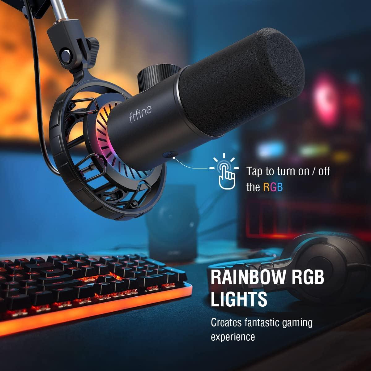FIFINE USB Dynamic Microphone and Gaming Headset, RGB Cardioid Gaming Computer Mic with Headphone Jack, Wired Headphones with 7.1 Surround Sound for Streaming Podcast Twitch YouTube Discord (K658+H6)